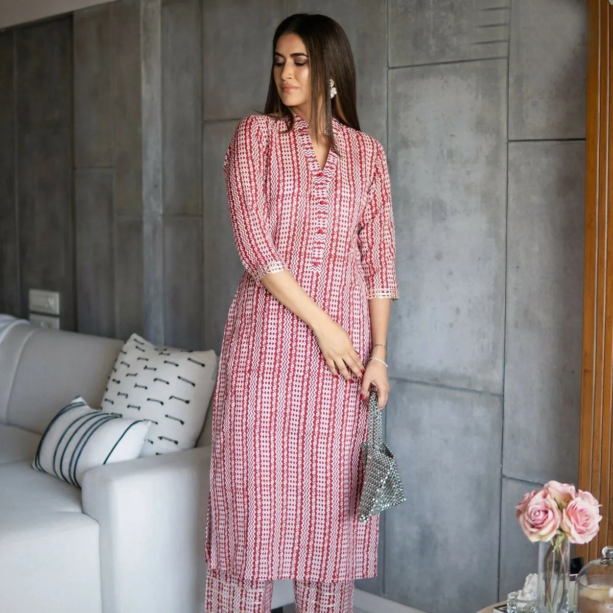 Aayaa Pure Muslin printed Kurti & Pant - Maroon red