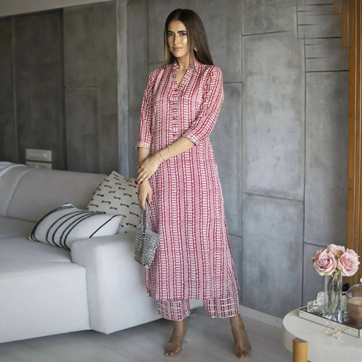 Aayaa Pure Muslin printed Kurti & Pant - Maroon red