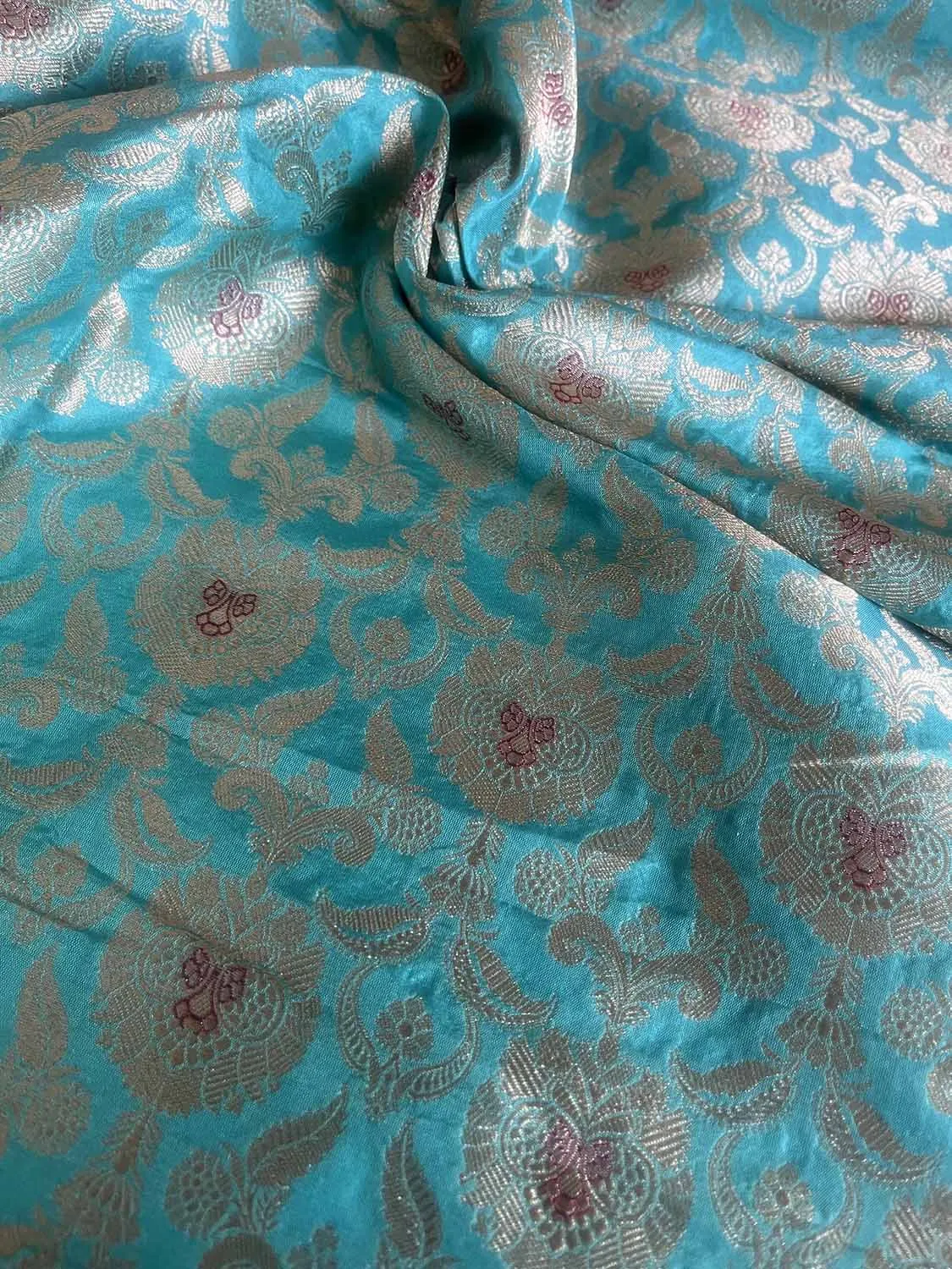 Blue Banarasi Pure Katan Silk Fabric - Luxurious Elegance ( 1 Mtr )