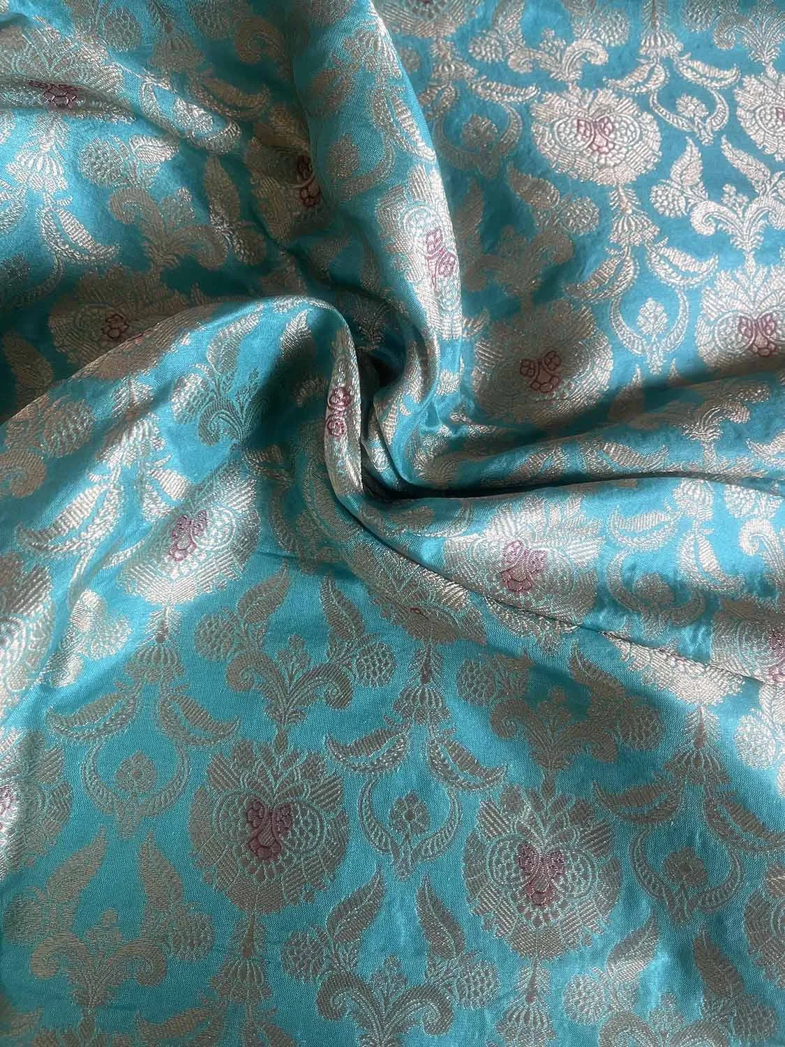 Blue Banarasi Pure Katan Silk Fabric - Luxurious Elegance ( 1 Mtr )