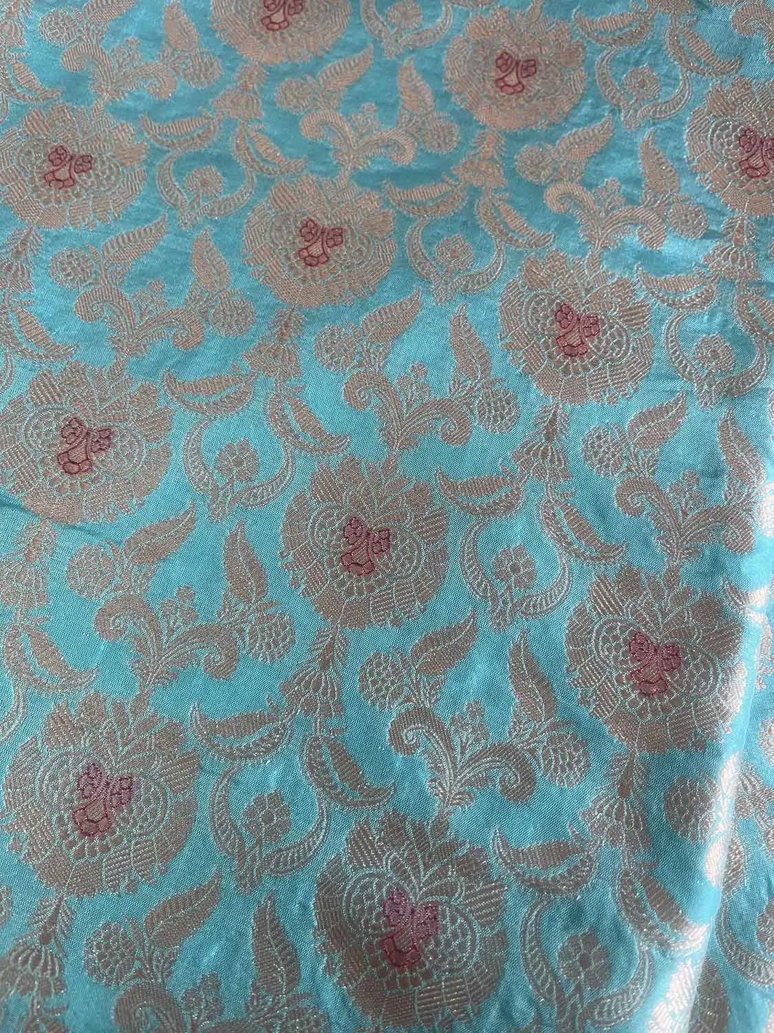 Blue Banarasi Pure Katan Silk Fabric - Luxurious Elegance ( 1 Mtr )
