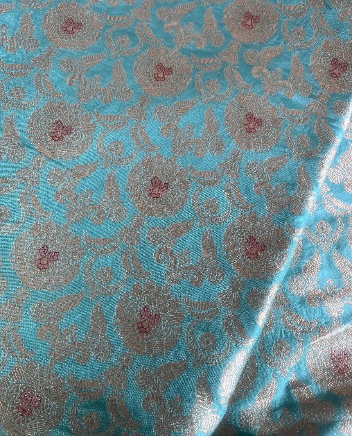Blue Banarasi Pure Katan Silk Fabric - Luxurious Elegance ( 1 Mtr )