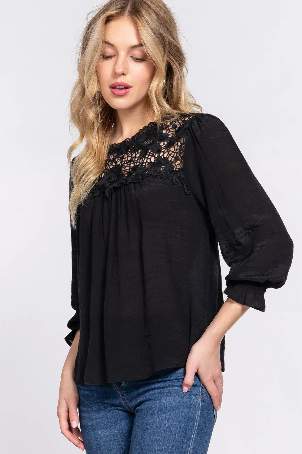 Blue Zone Planet |  ACTIVE BASIC Crochet Lace Panel Flounce Sleeve Blouse