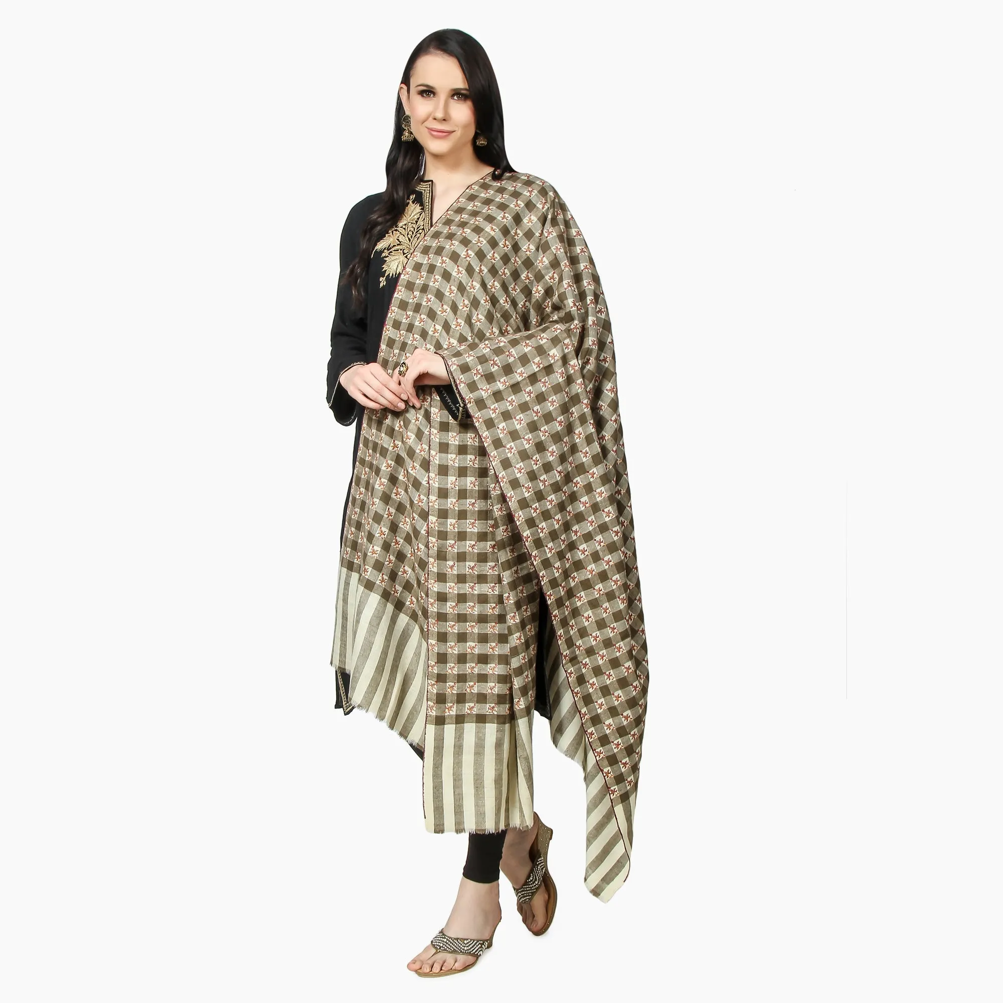 Cashmere Pashmina Shawl Embroidered (Checkered)