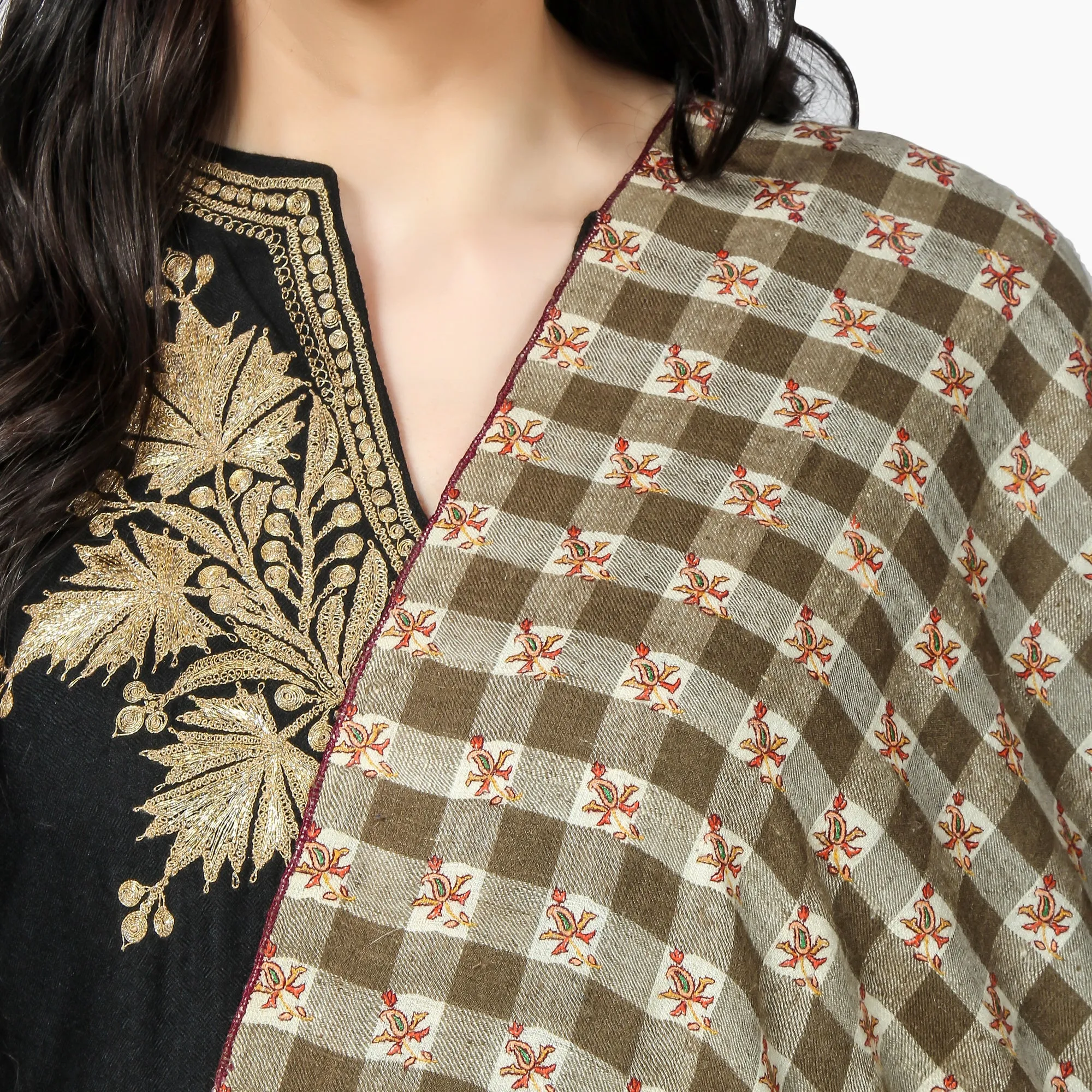 Cashmere Pashmina Shawl Embroidered (Checkered)