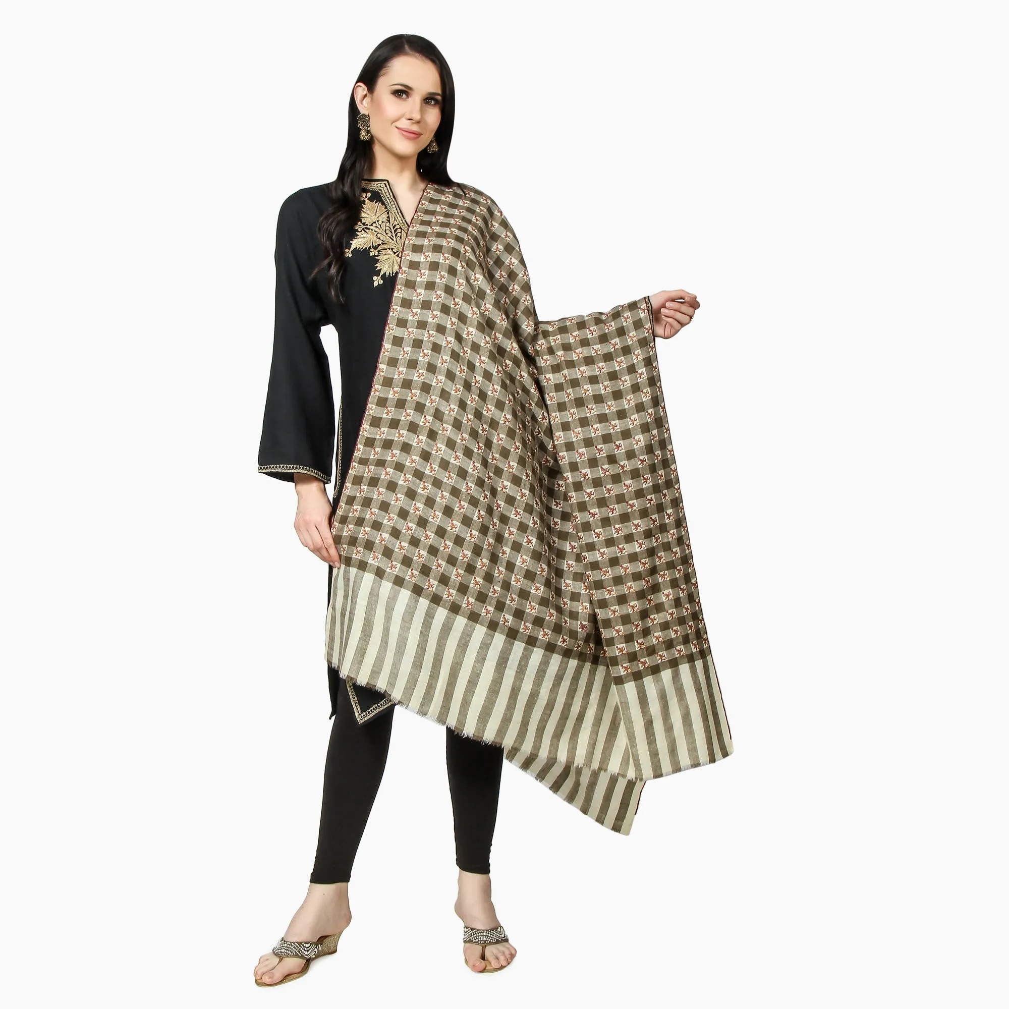 Cashmere Pashmina Shawl Embroidered (Checkered)