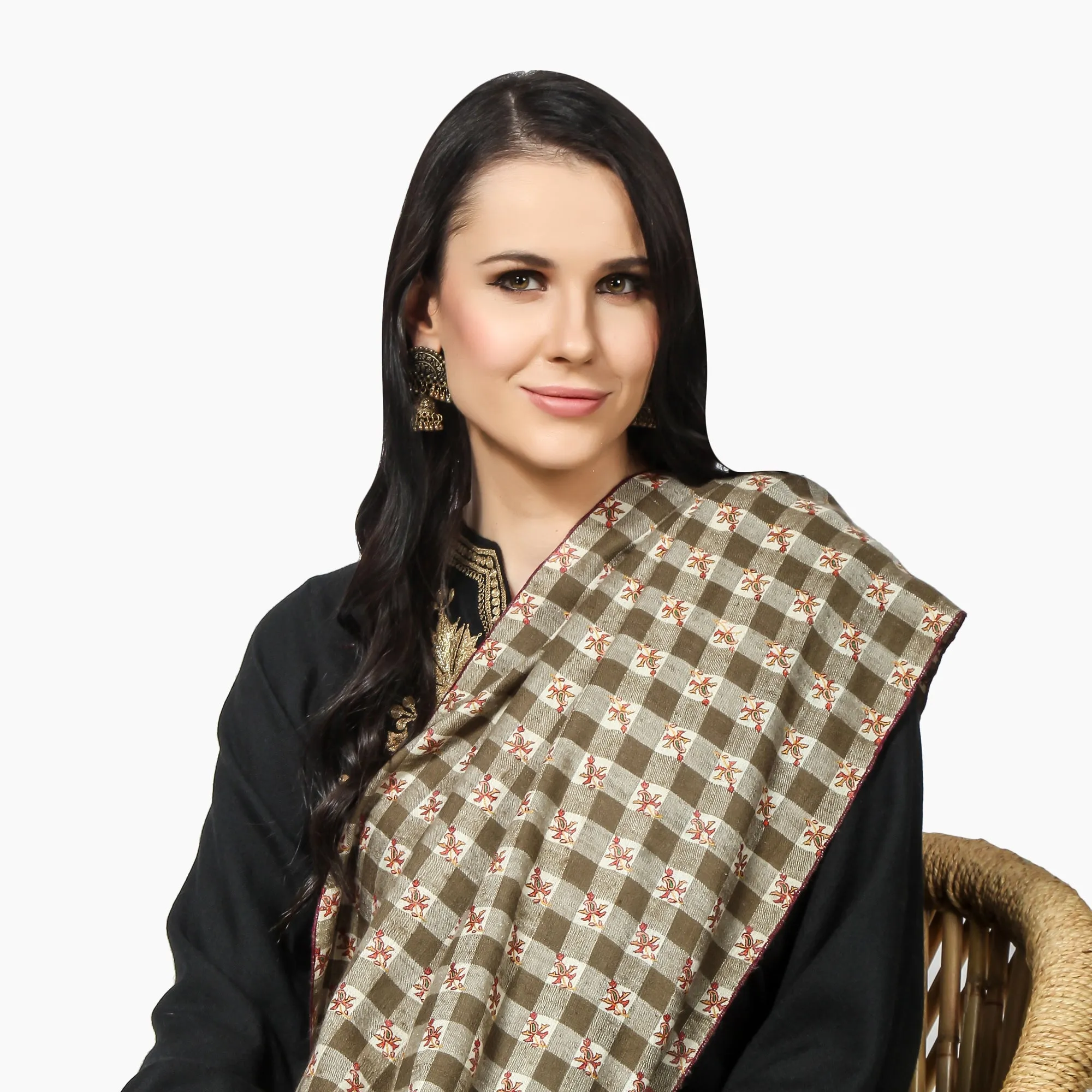 Cashmere Pashmina Shawl Embroidered (Checkered)