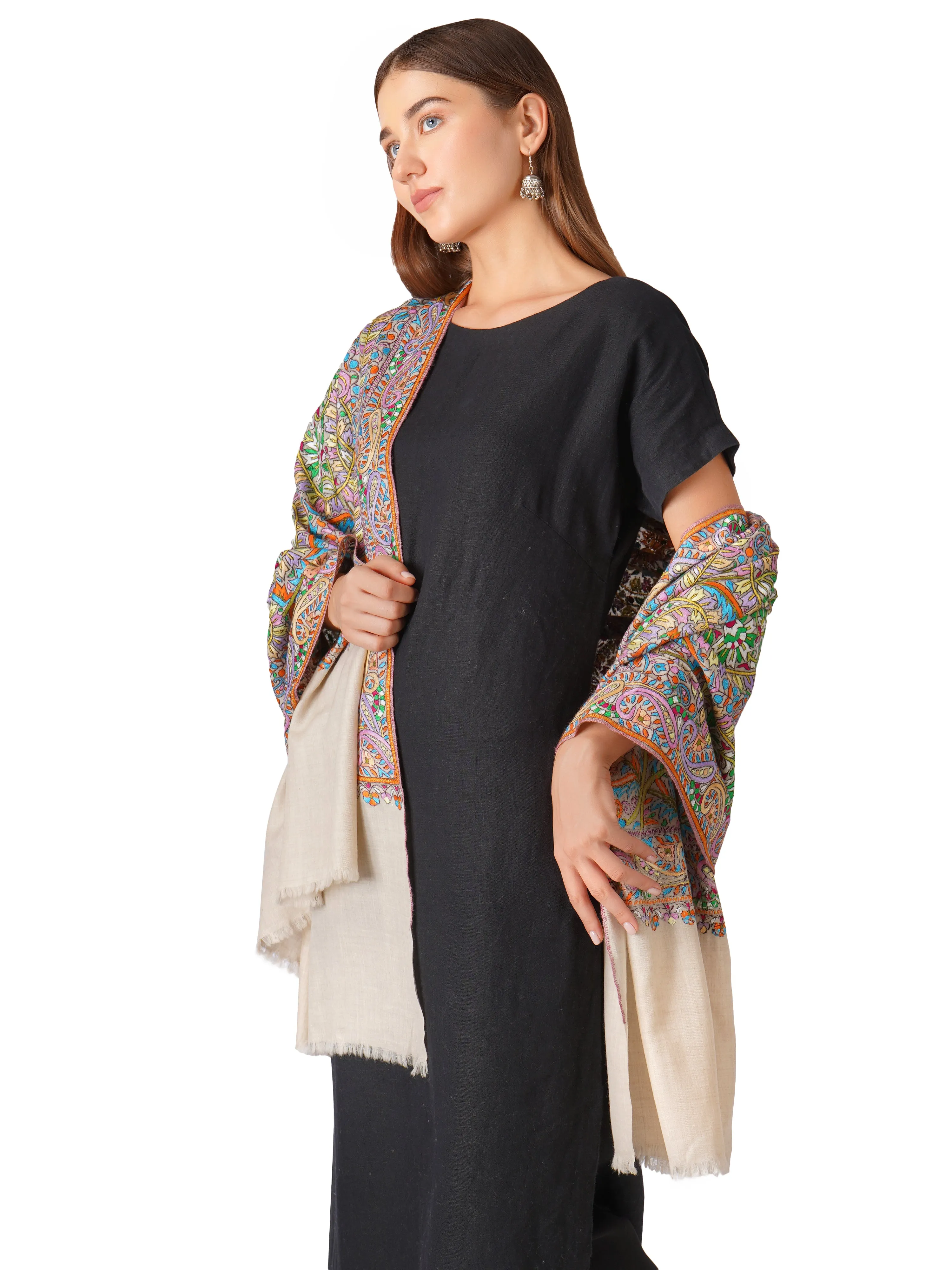 Chic Pashmina Shawl – Effortlessly Stylish Pashmina With Hand Embroidery - Off White