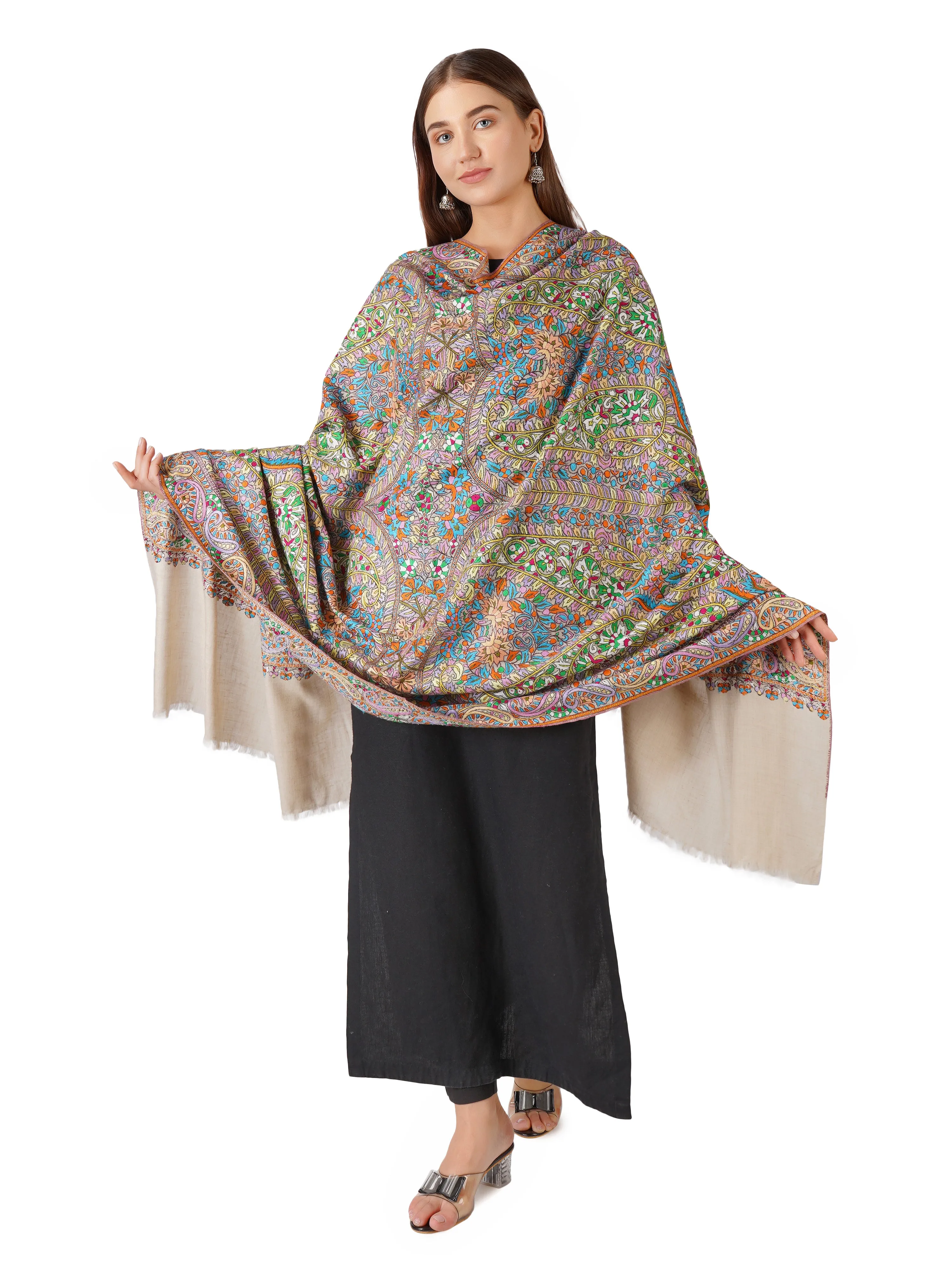 Chic Pashmina Shawl – Effortlessly Stylish Pashmina With Hand Embroidery - Off White