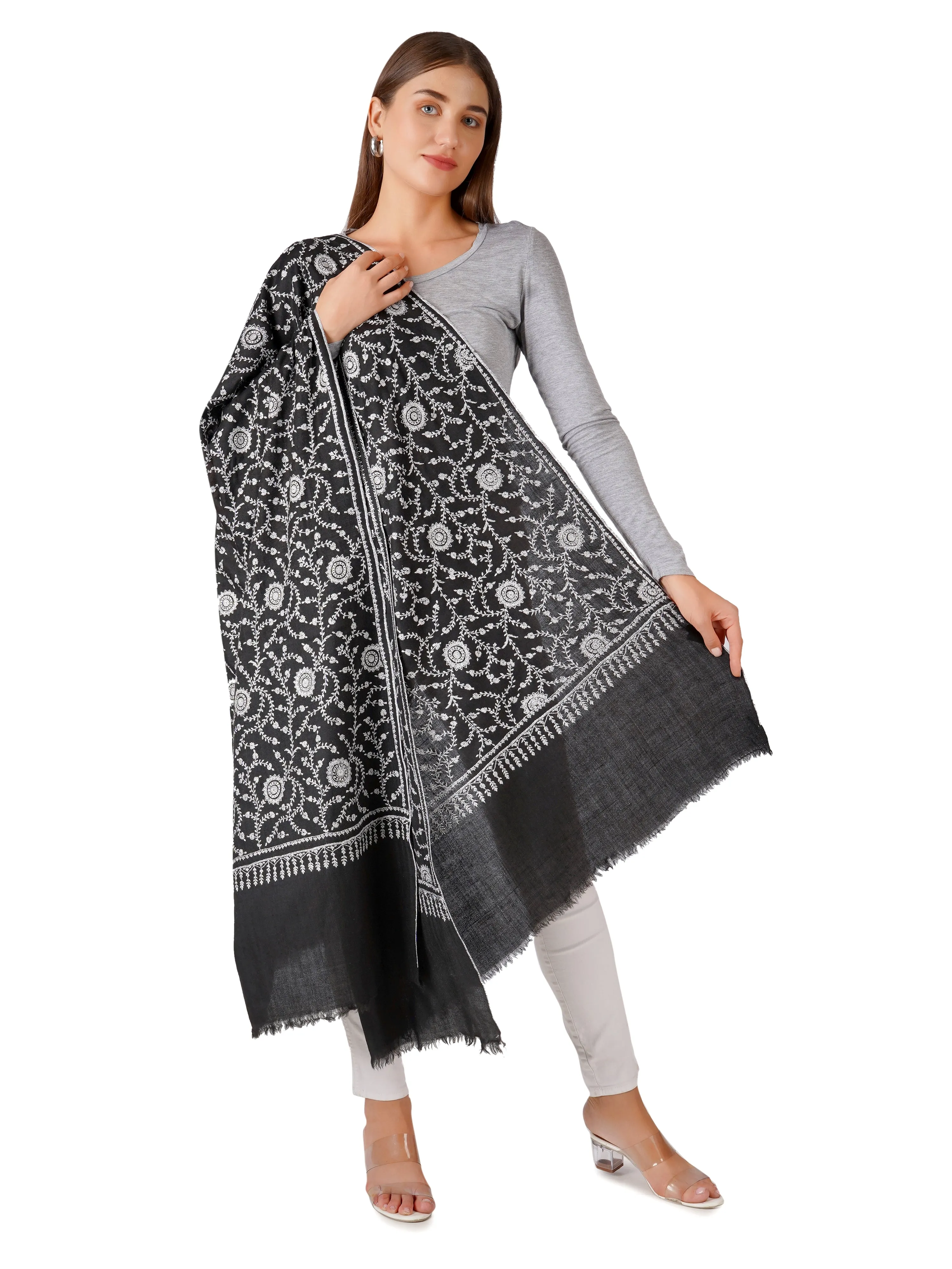 Cozy Black Pashmina Shawl with Elegant White Embroidery