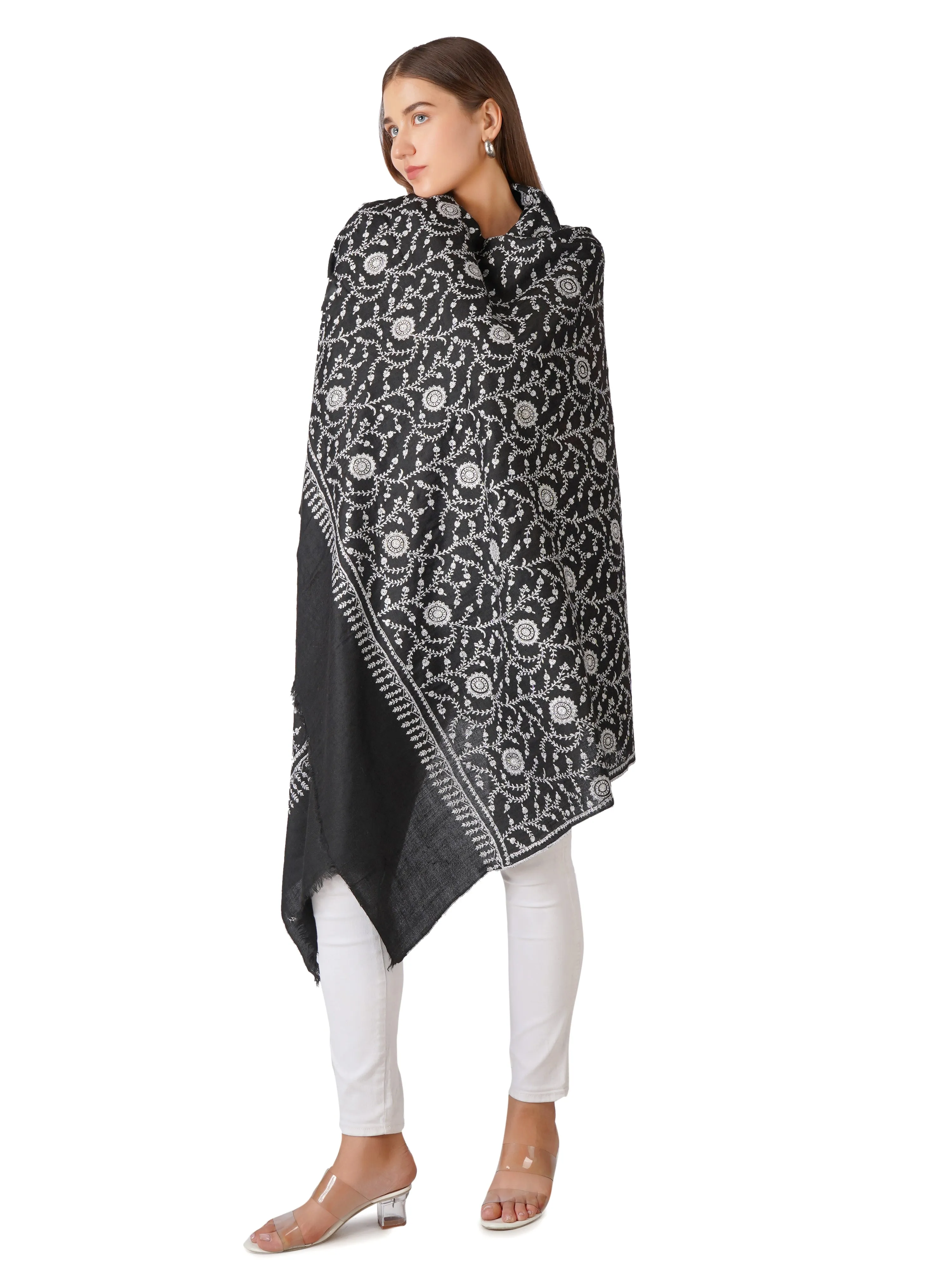 Cozy Black Pashmina Shawl with Elegant White Embroidery