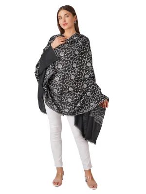 Cozy Black Pashmina Shawl with Elegant White Embroidery