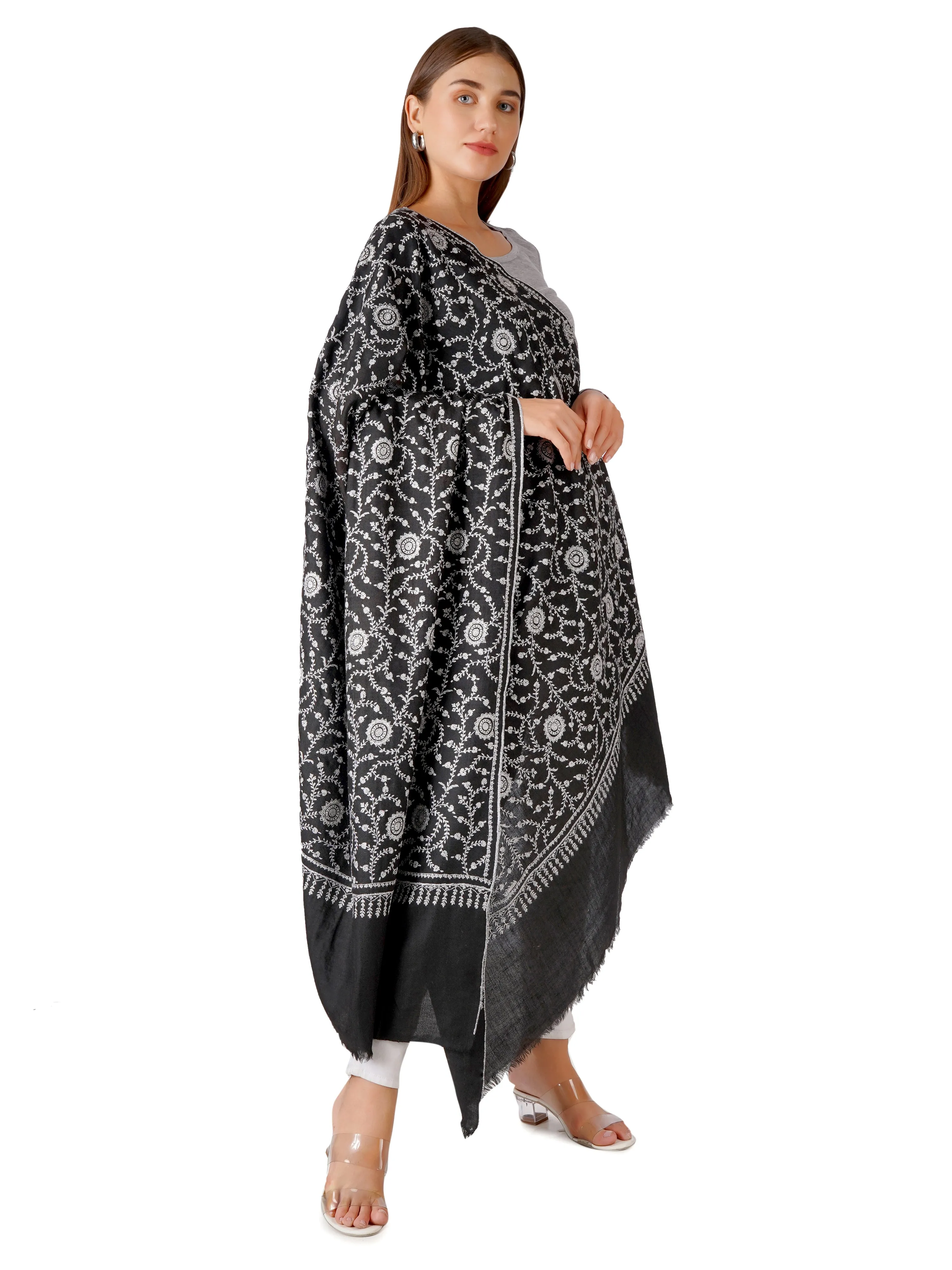 Cozy Black Pashmina Shawl with Elegant White Embroidery