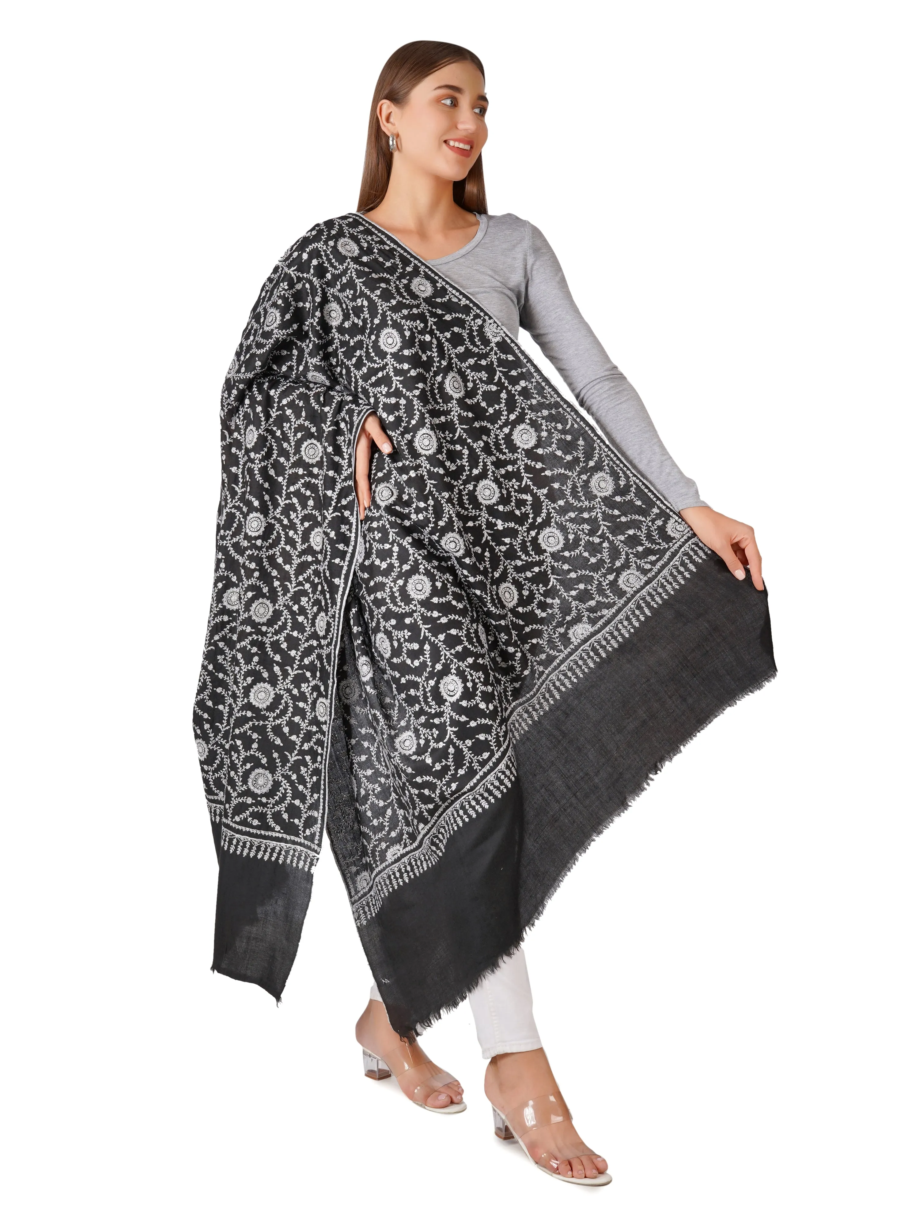 Cozy Black Pashmina Shawl with Elegant White Embroidery