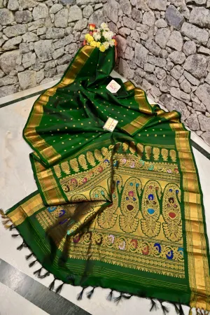 Dark Green Color Pure Paithani Silk Saree with Gadwal Style Meenakari Pallu