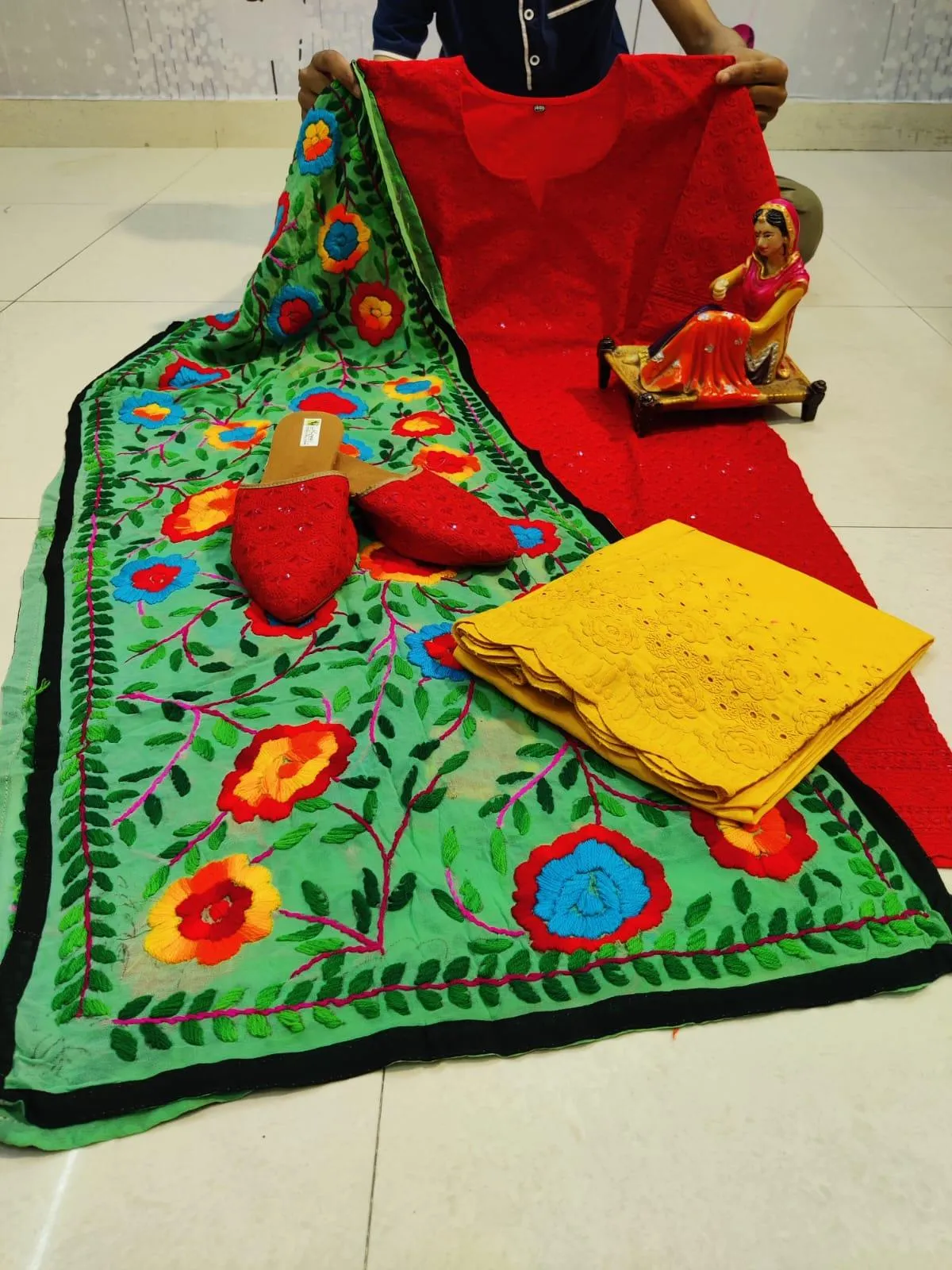 Design-2 Red Cotton Phulkari Suit with Beautiful Chikan & Sequins Embroidery Work Shopping Online