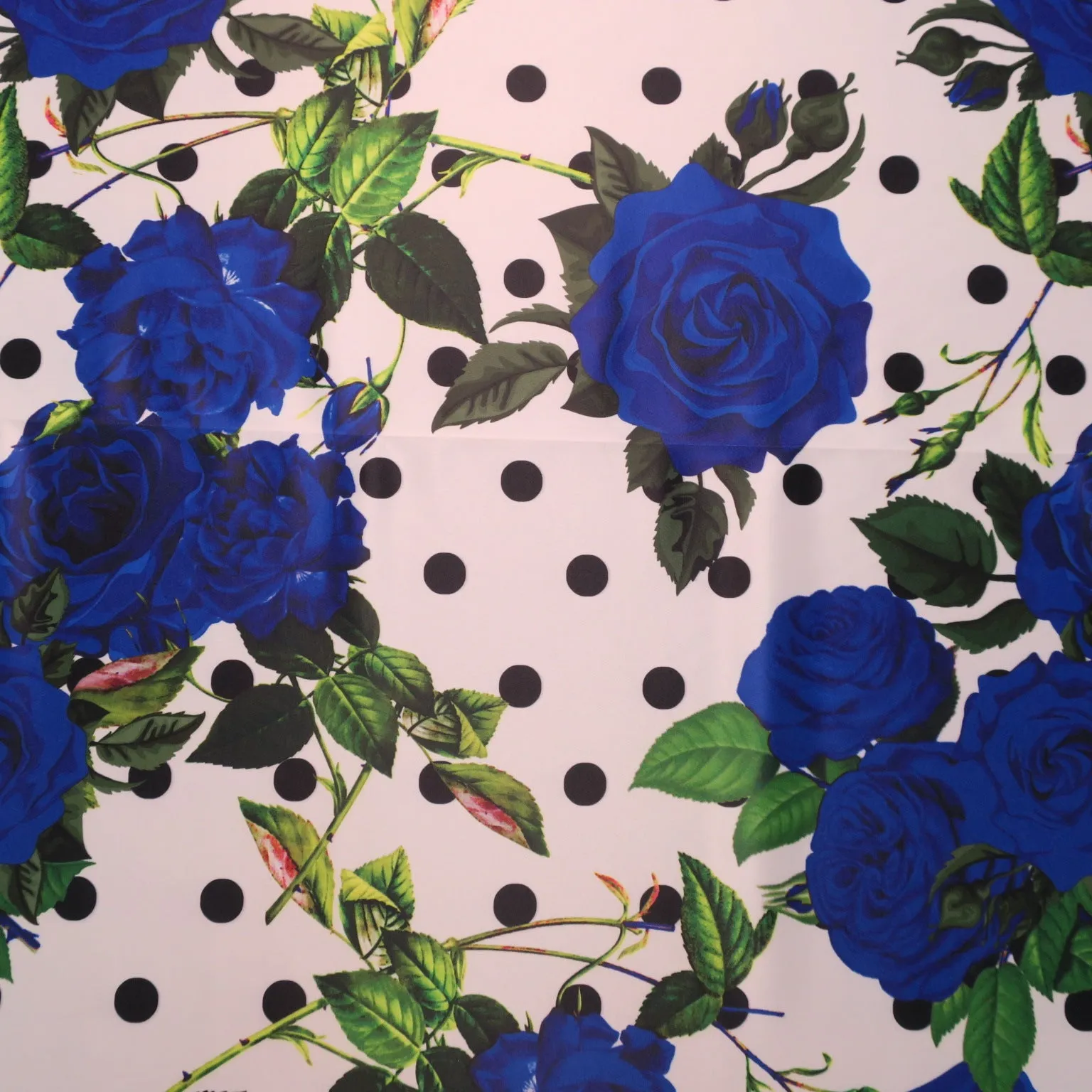 Dots and Blue Roses on White Printed Polyester Mikado Fabric
