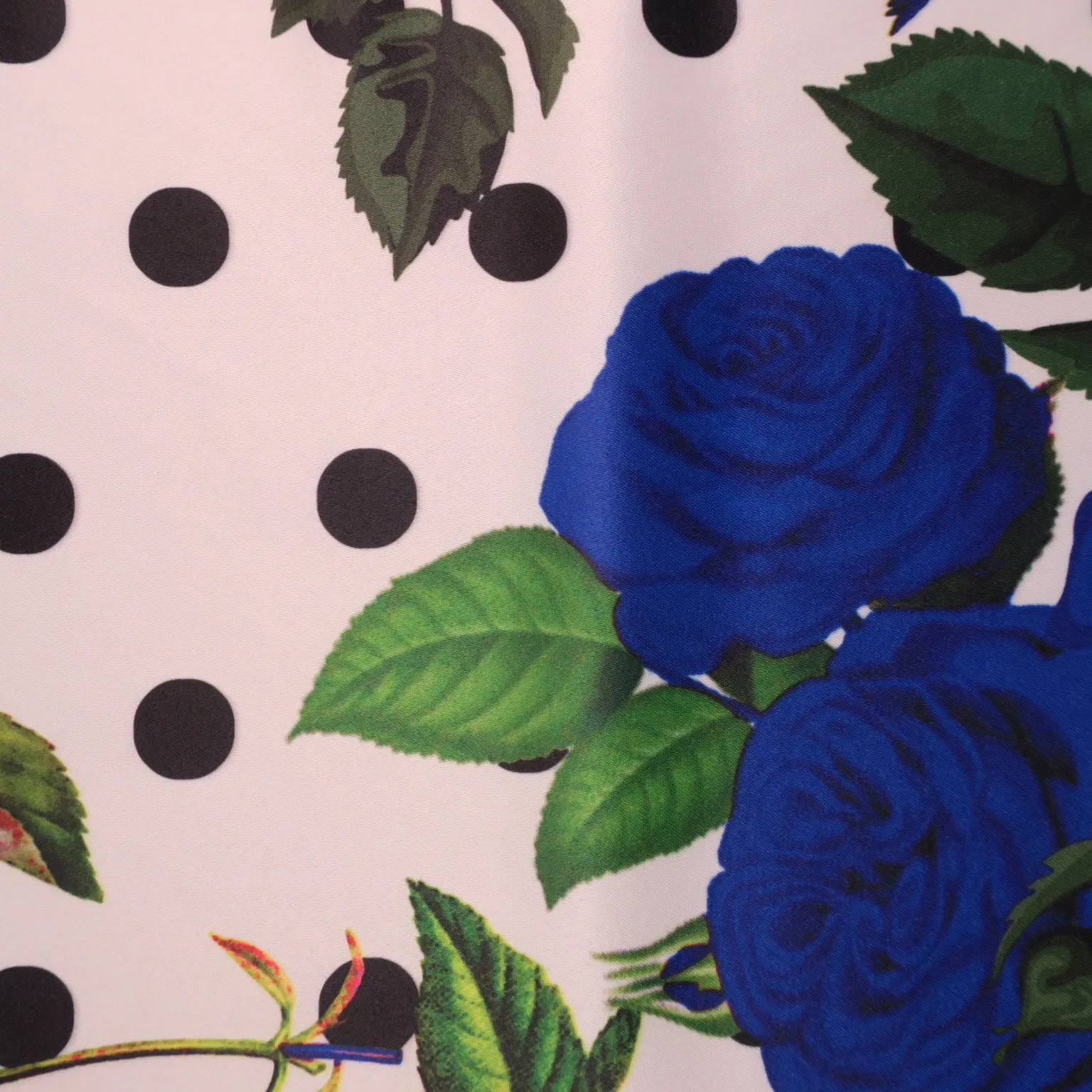 Dots and Blue Roses on White Printed Polyester Mikado Fabric