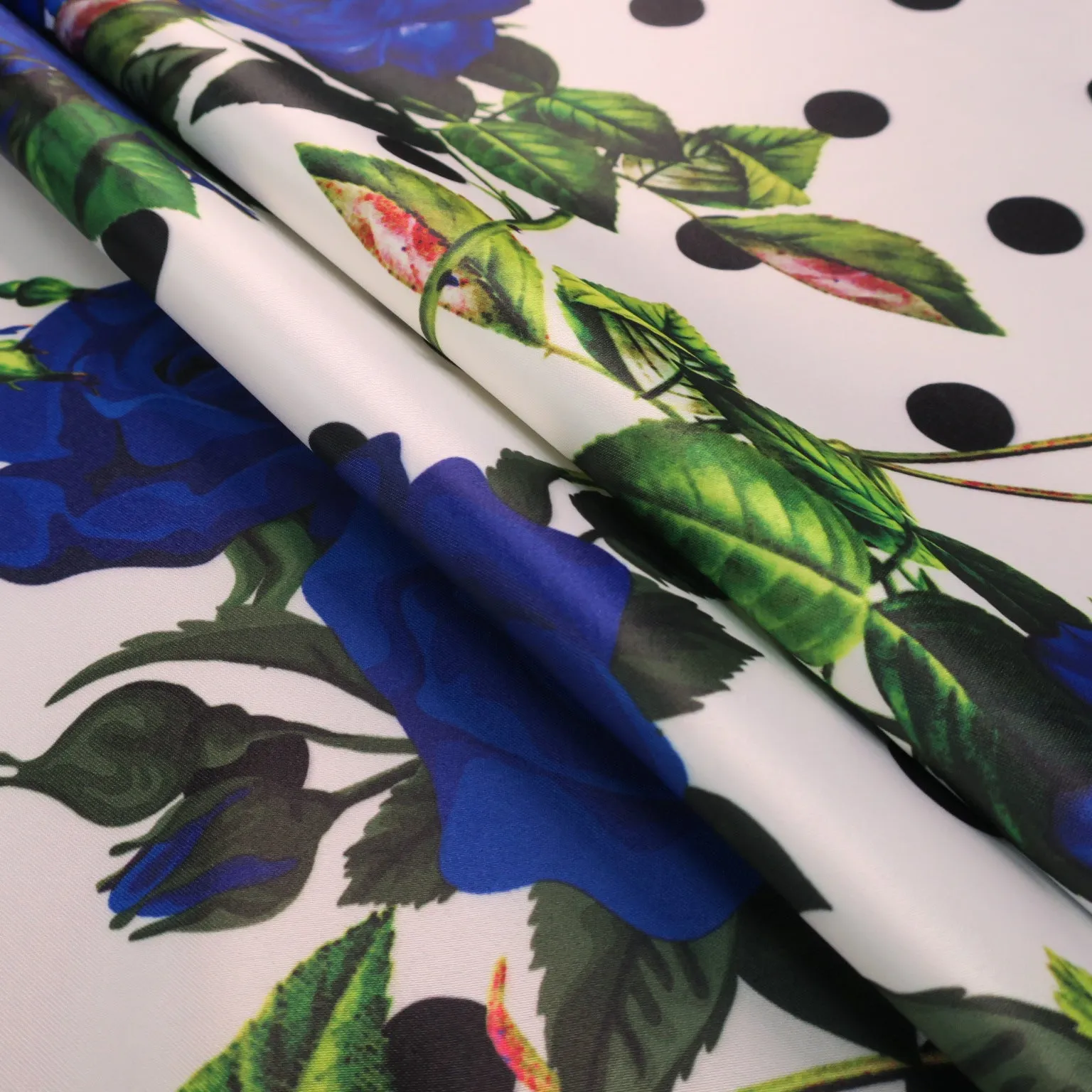 Dots and Blue Roses on White Printed Polyester Mikado Fabric