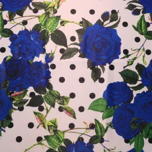 Dots and Blue Roses on White Printed Polyester Mikado Fabric