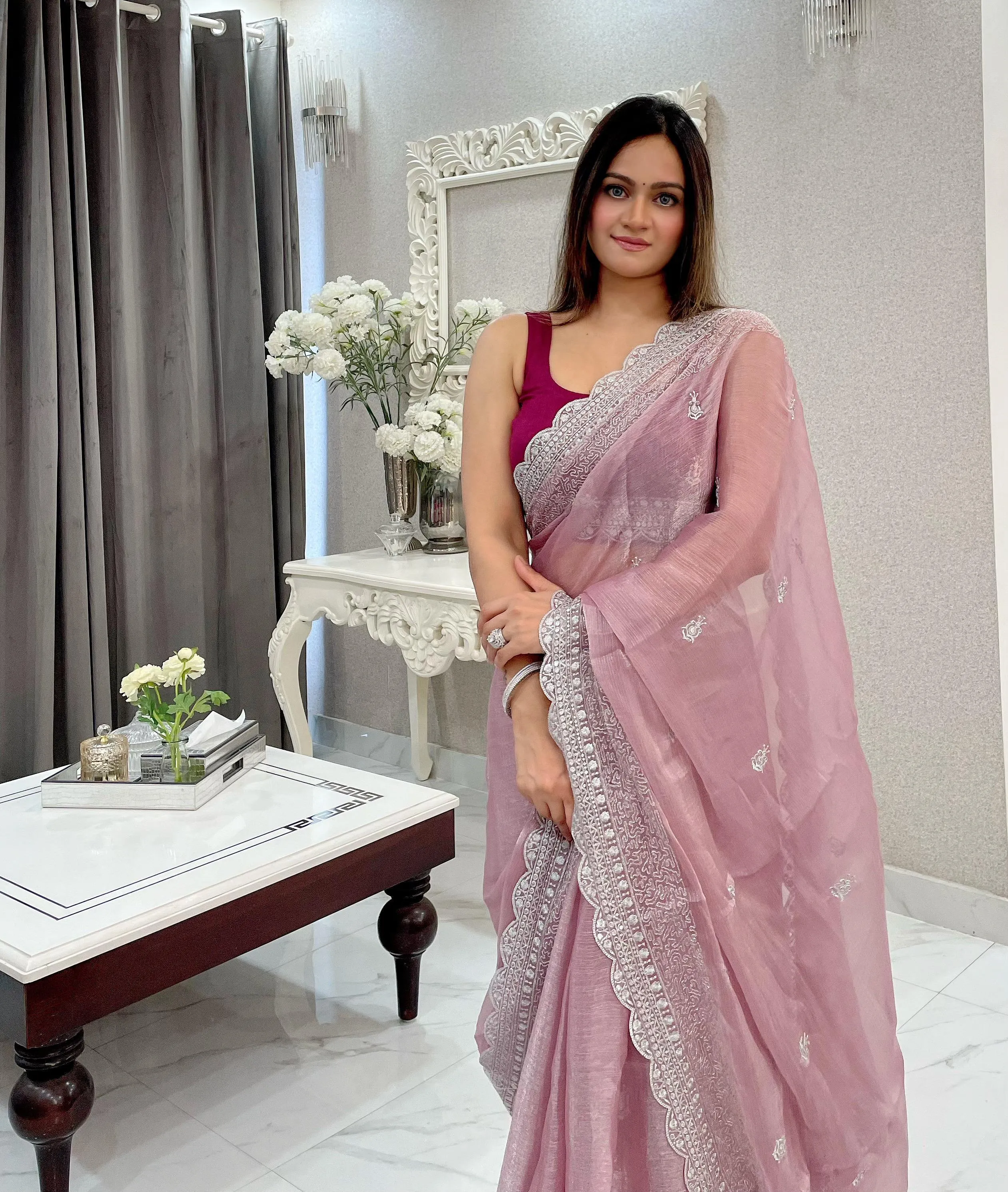 Dusty Pink Elegant Burburry Silk Saree with Sequins Work