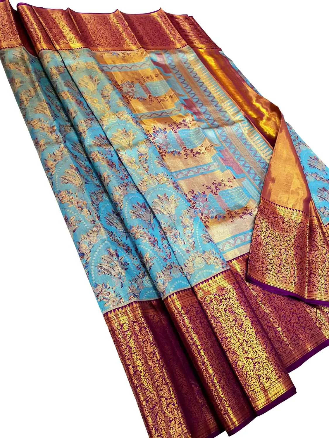 Elegant Blue Kanjeevaram Handloom Pure Tissue Silk Saree