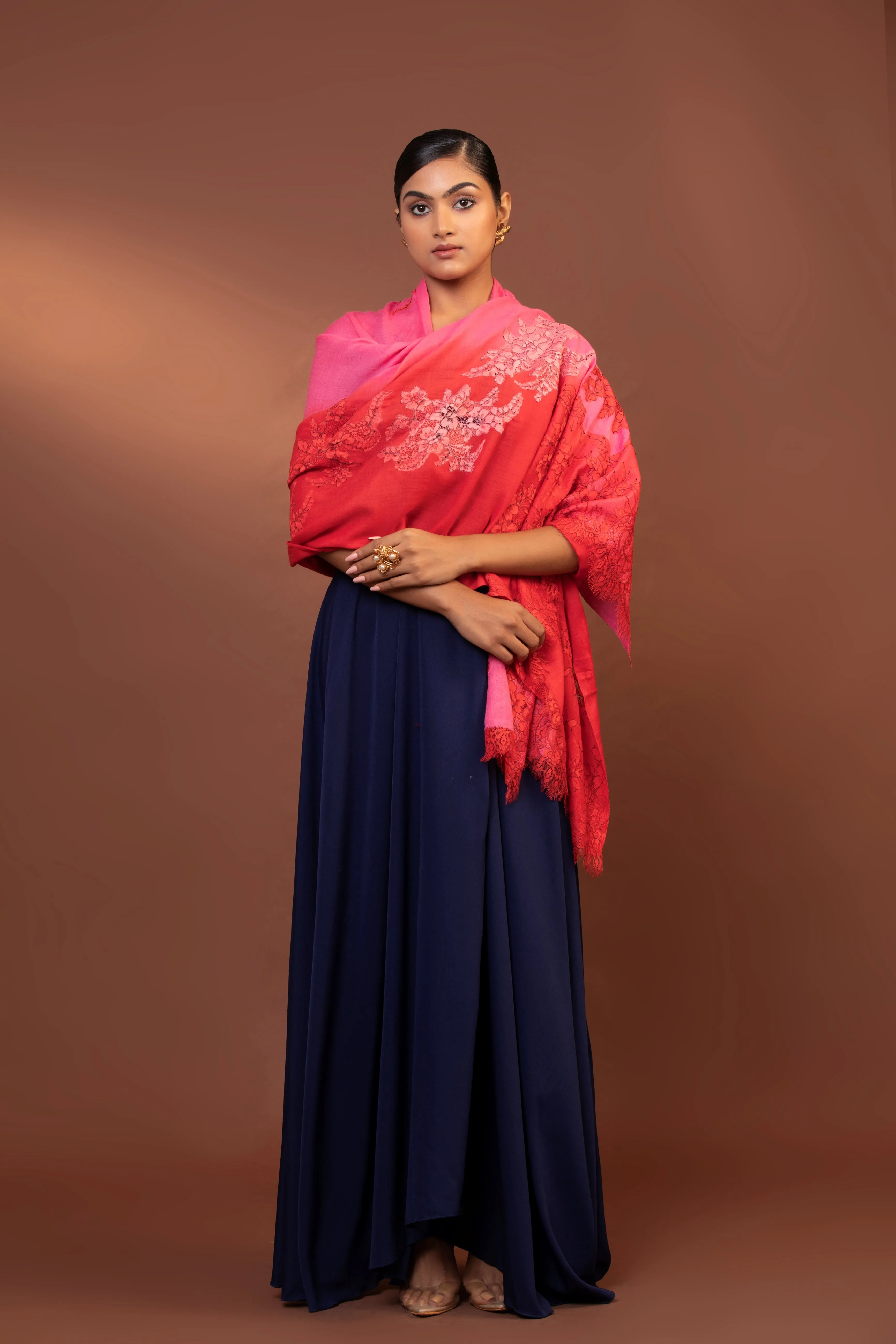 Elegant Fine Wool Shawl with Hand Embroidered Floral Lace Design