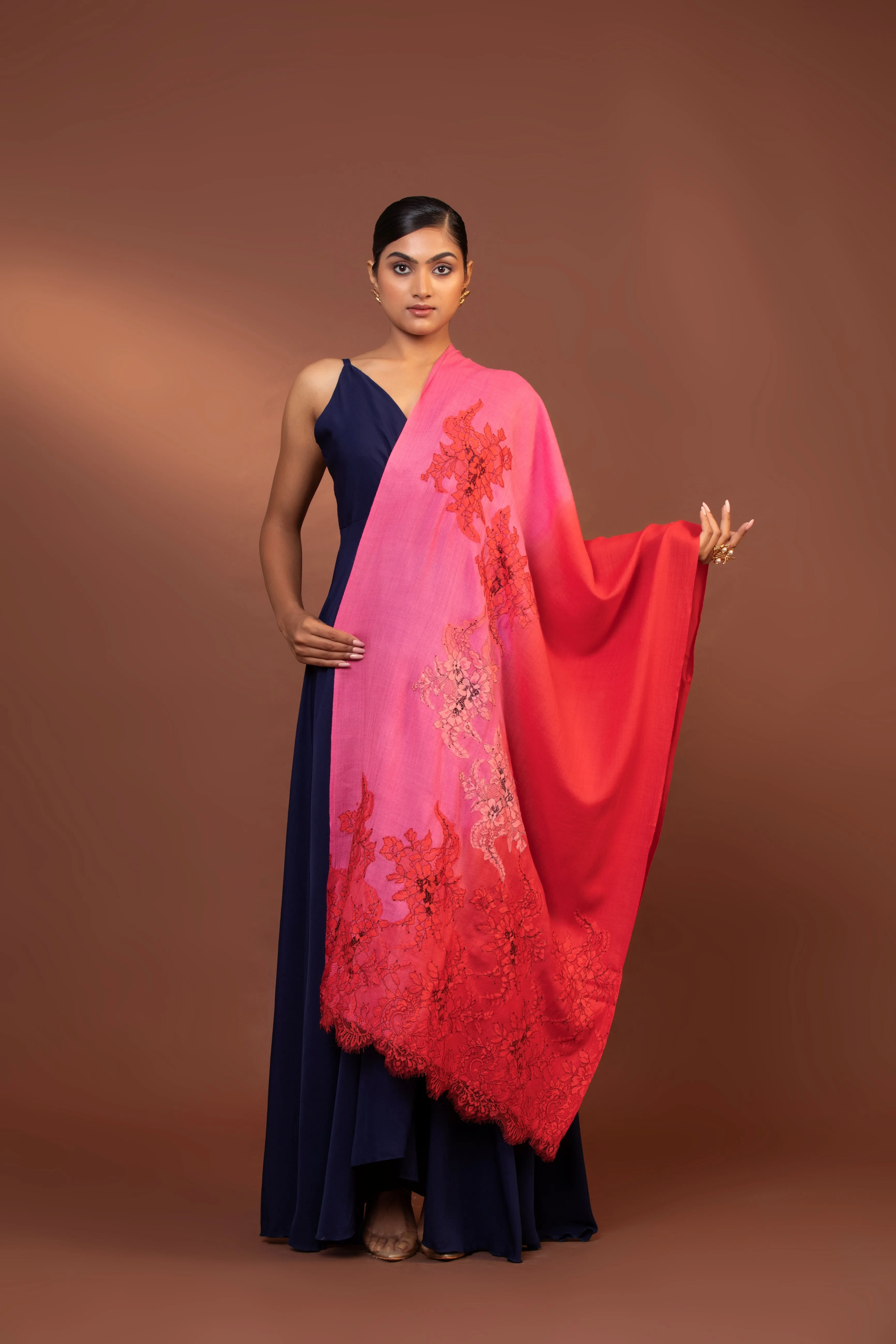 Elegant Fine Wool Shawl with Hand Embroidered Floral Lace Design