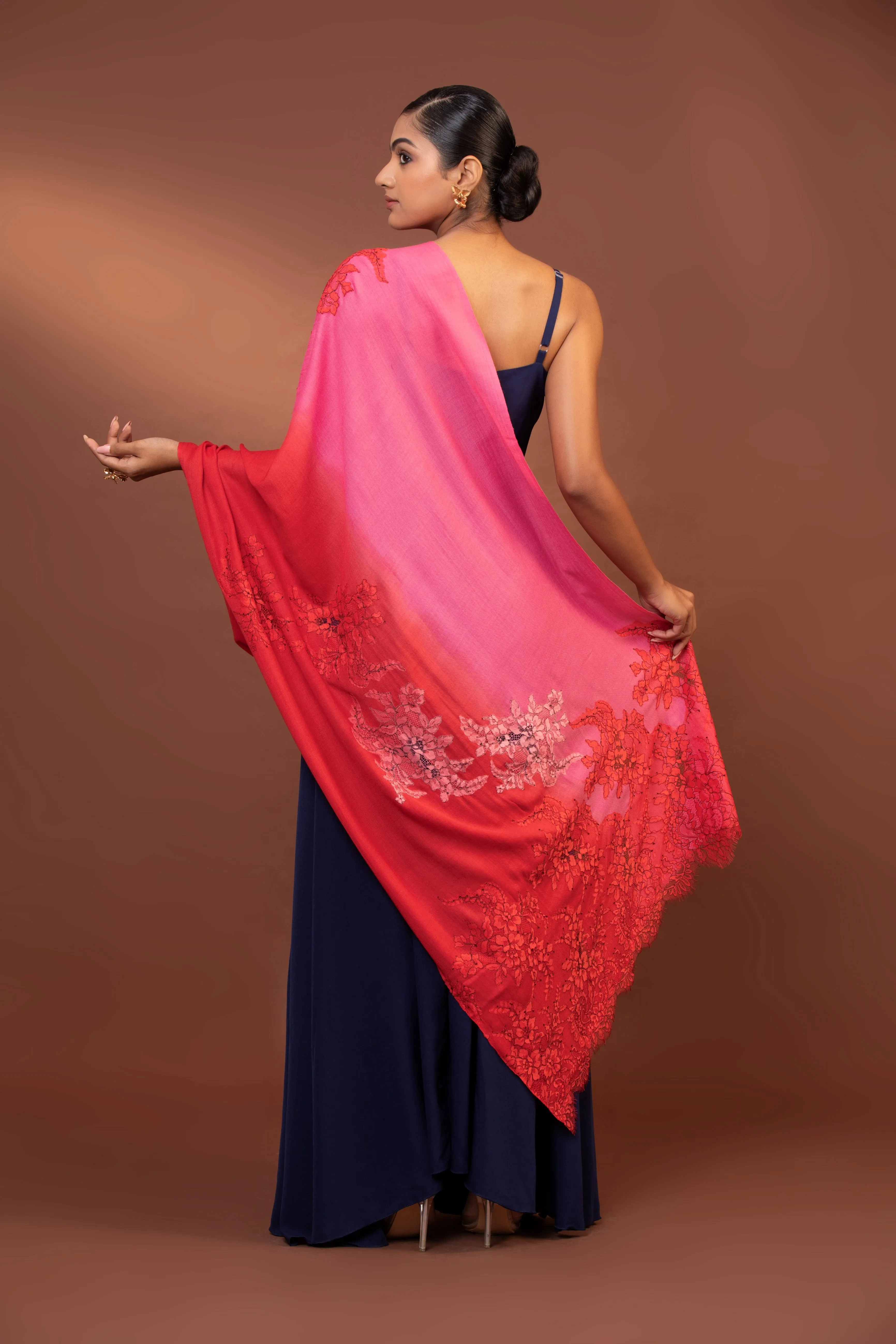 Elegant Fine Wool Shawl with Hand Embroidered Floral Lace Design