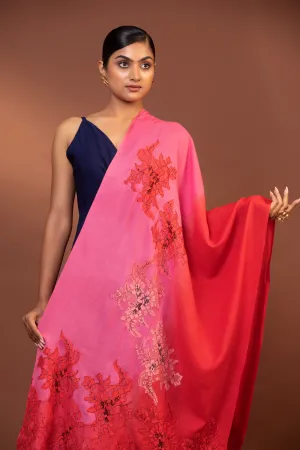 Elegant Fine Wool Shawl with Hand Embroidered Floral Lace Design