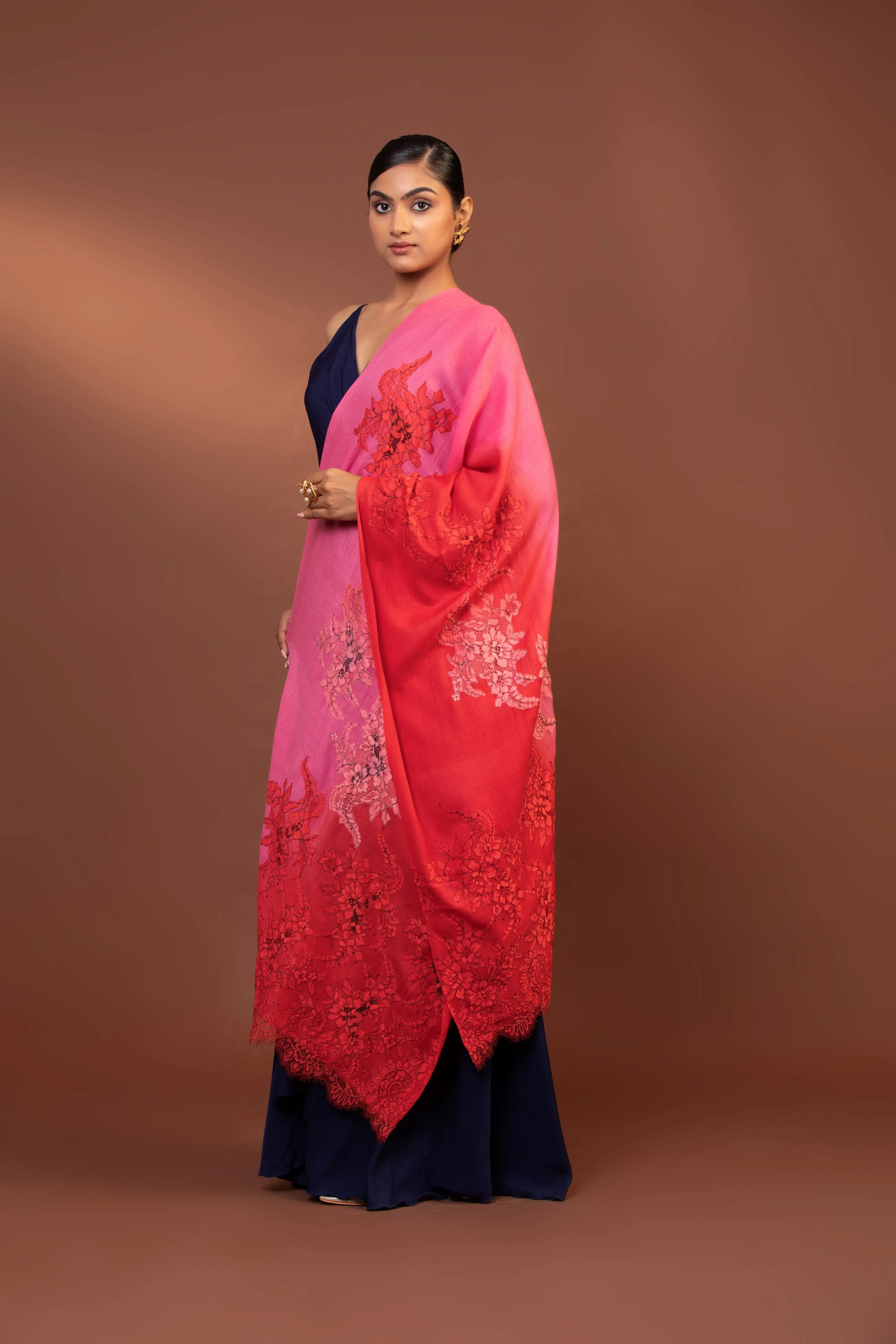 Elegant Fine Wool Shawl with Hand Embroidered Floral Lace Design