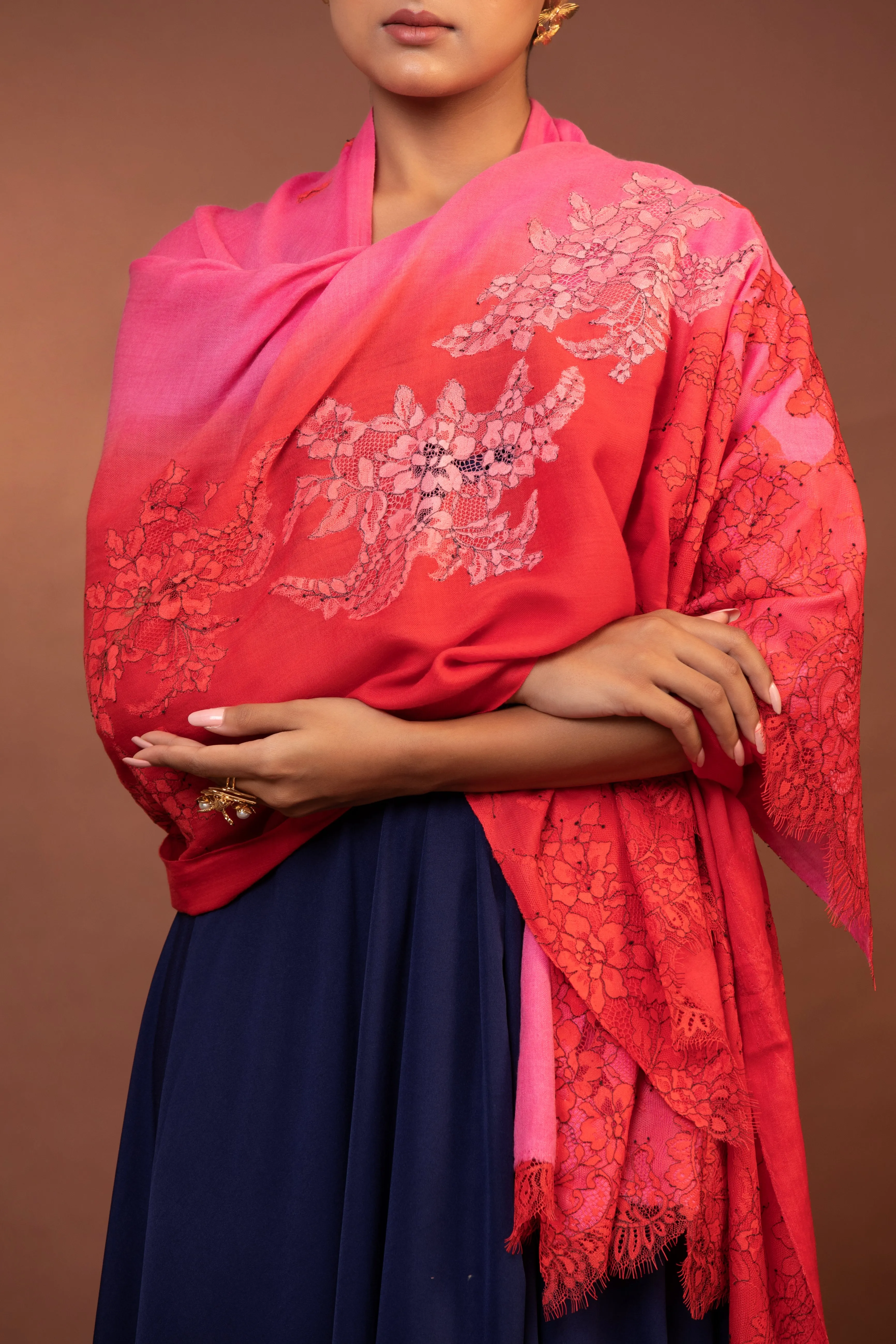 Elegant Fine Wool Shawl with Hand Embroidered Floral Lace Design