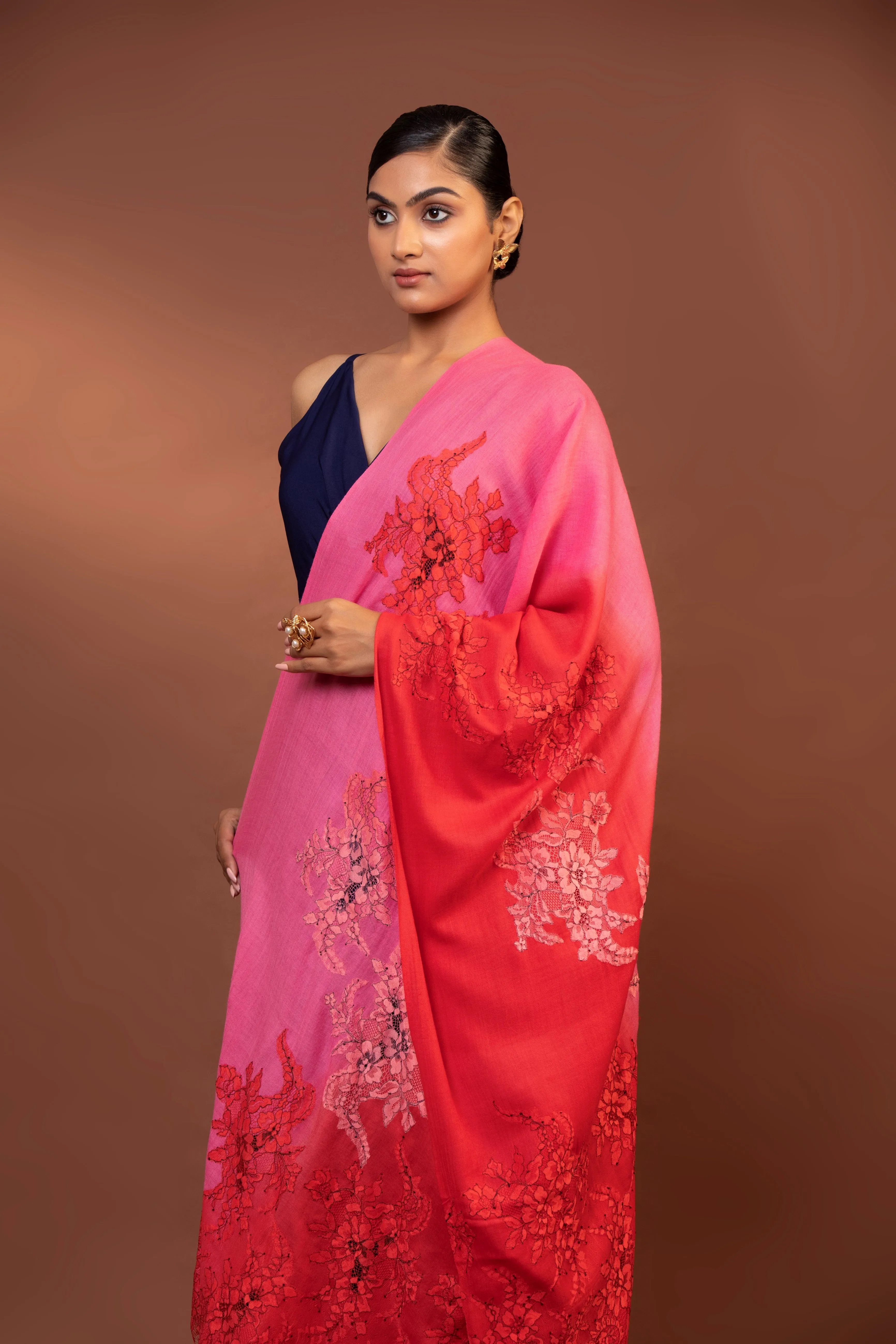 Elegant Fine Wool Shawl with Hand Embroidered Floral Lace Design