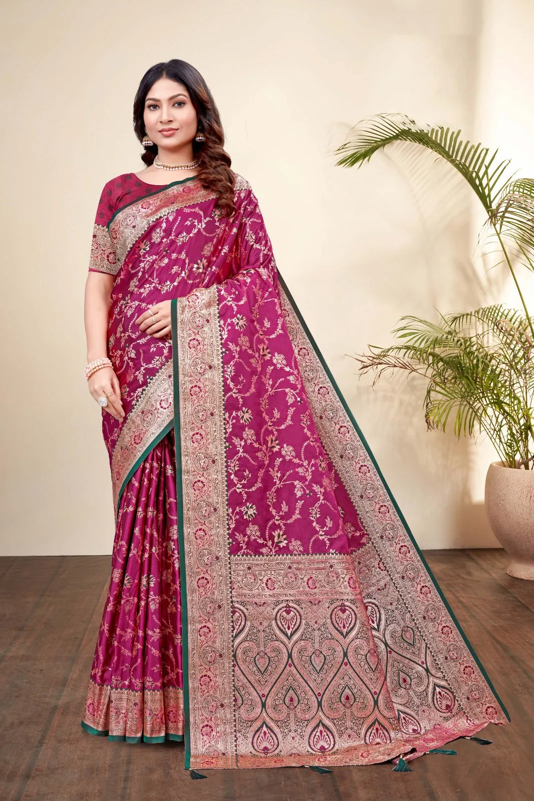 Elegant Royal Pink Satin Silk Saree