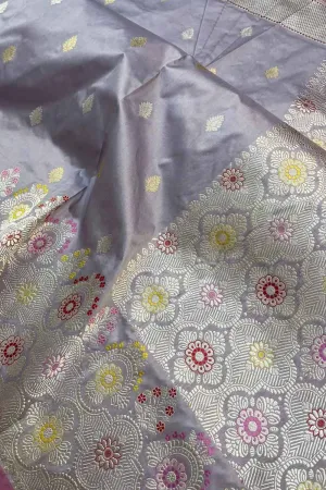 Exquisite Grey Banarasi Handloom Pure Katan Silk Saree: Timeless Elegance