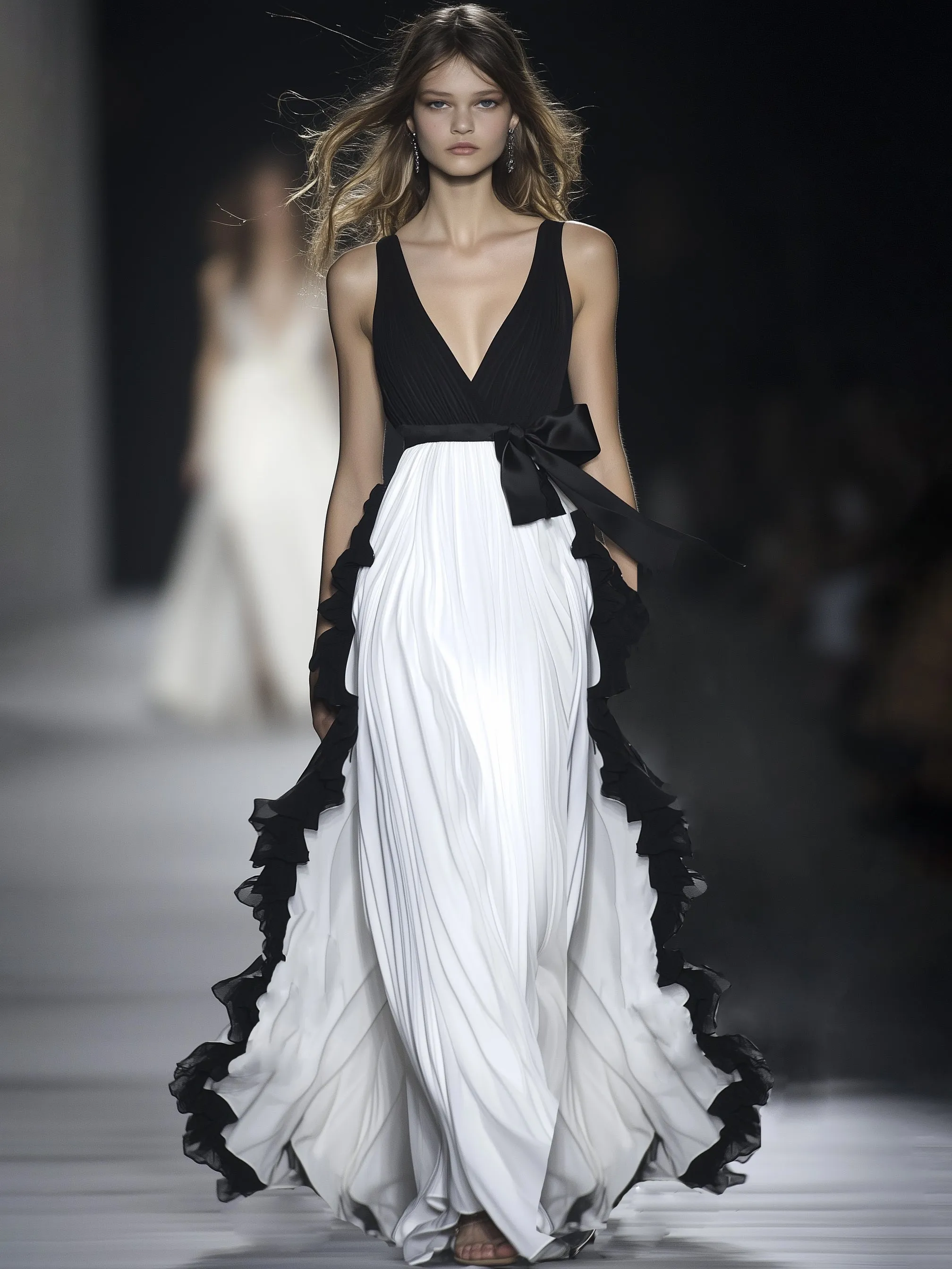 Flowing Black And White Chiffon Suspender Gown Maxi Dress