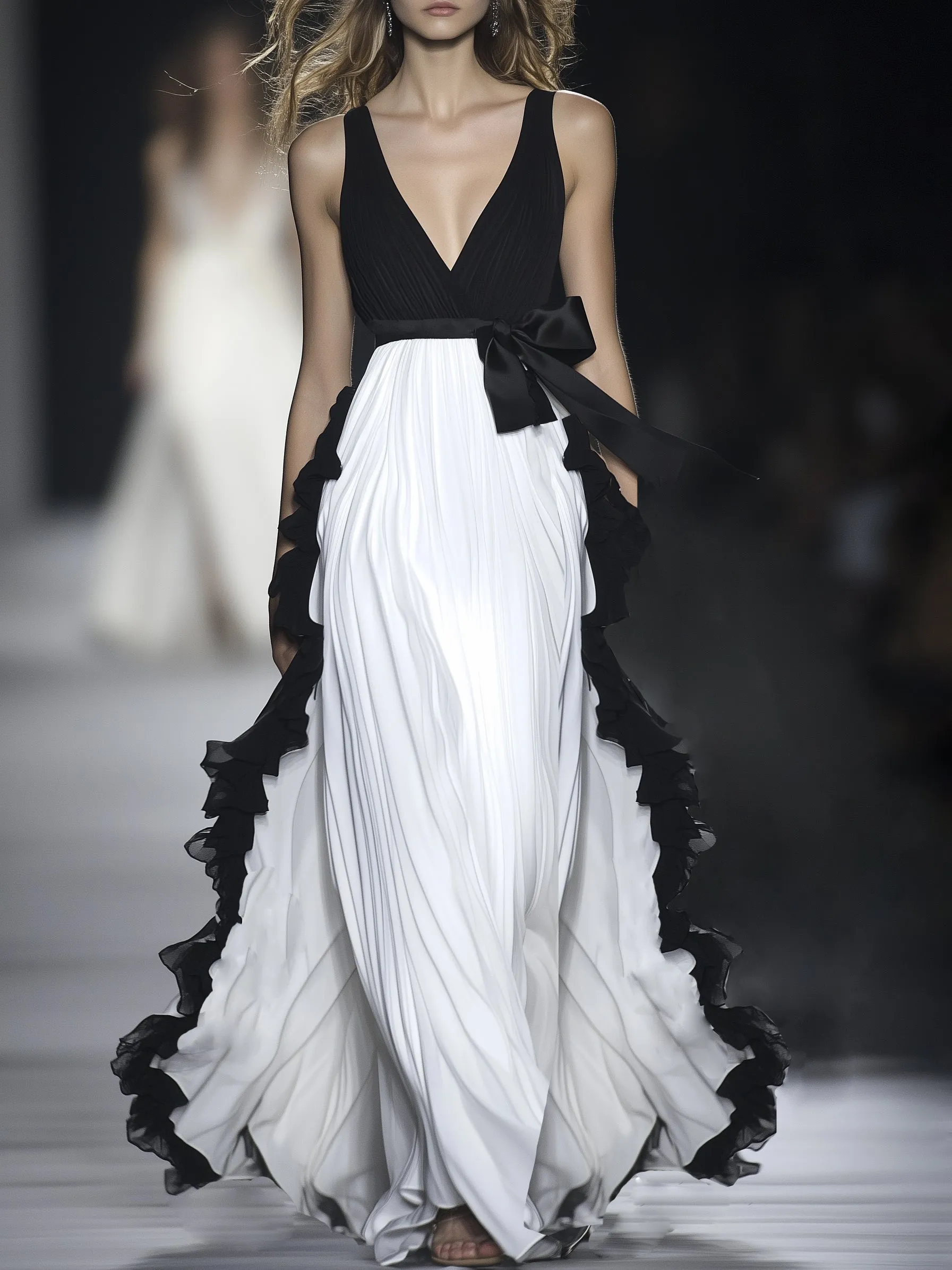 Flowing Black And White Chiffon Suspender Gown Maxi Dress