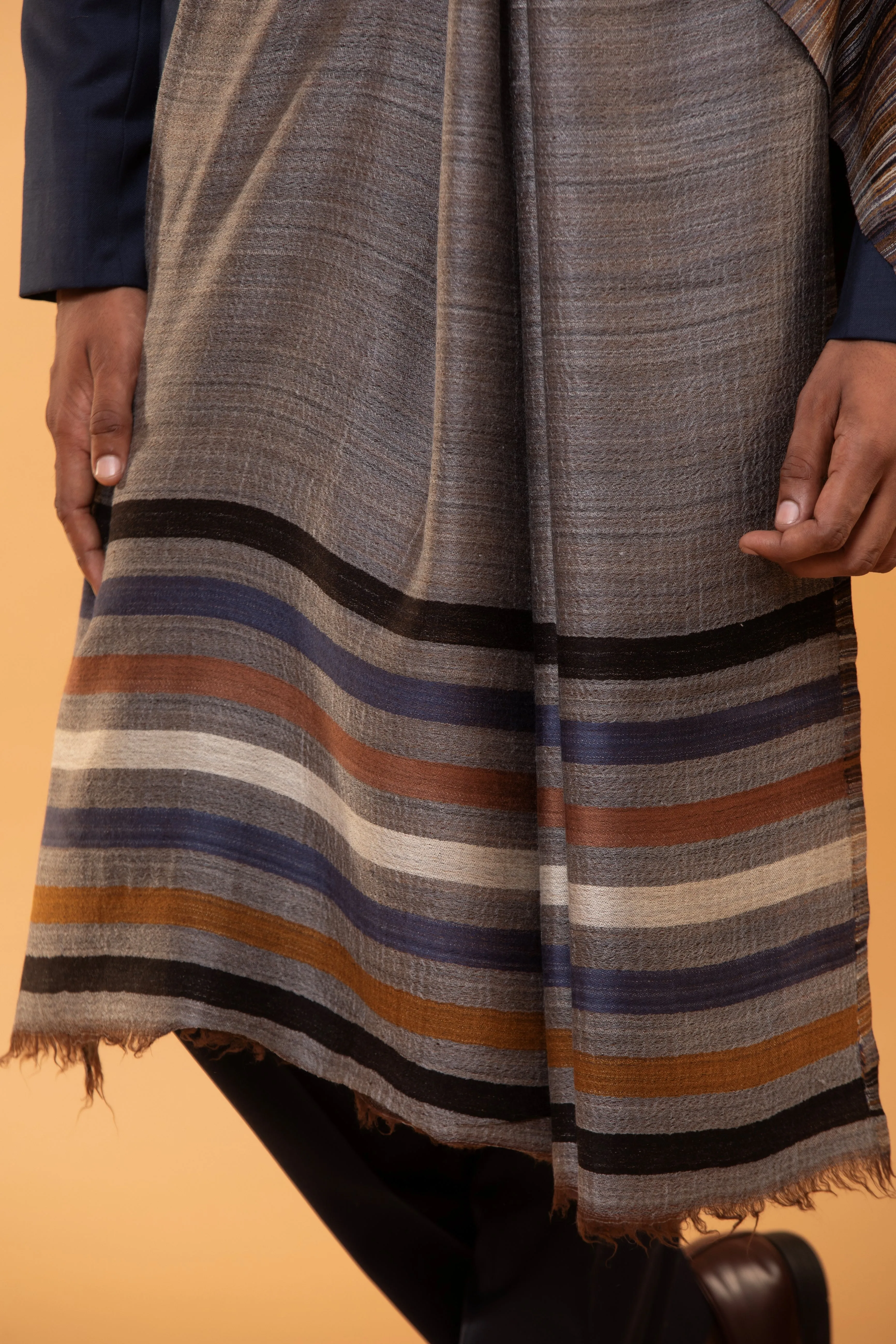 Grey Wool Blend Shawl for Men with Striped Woven Design