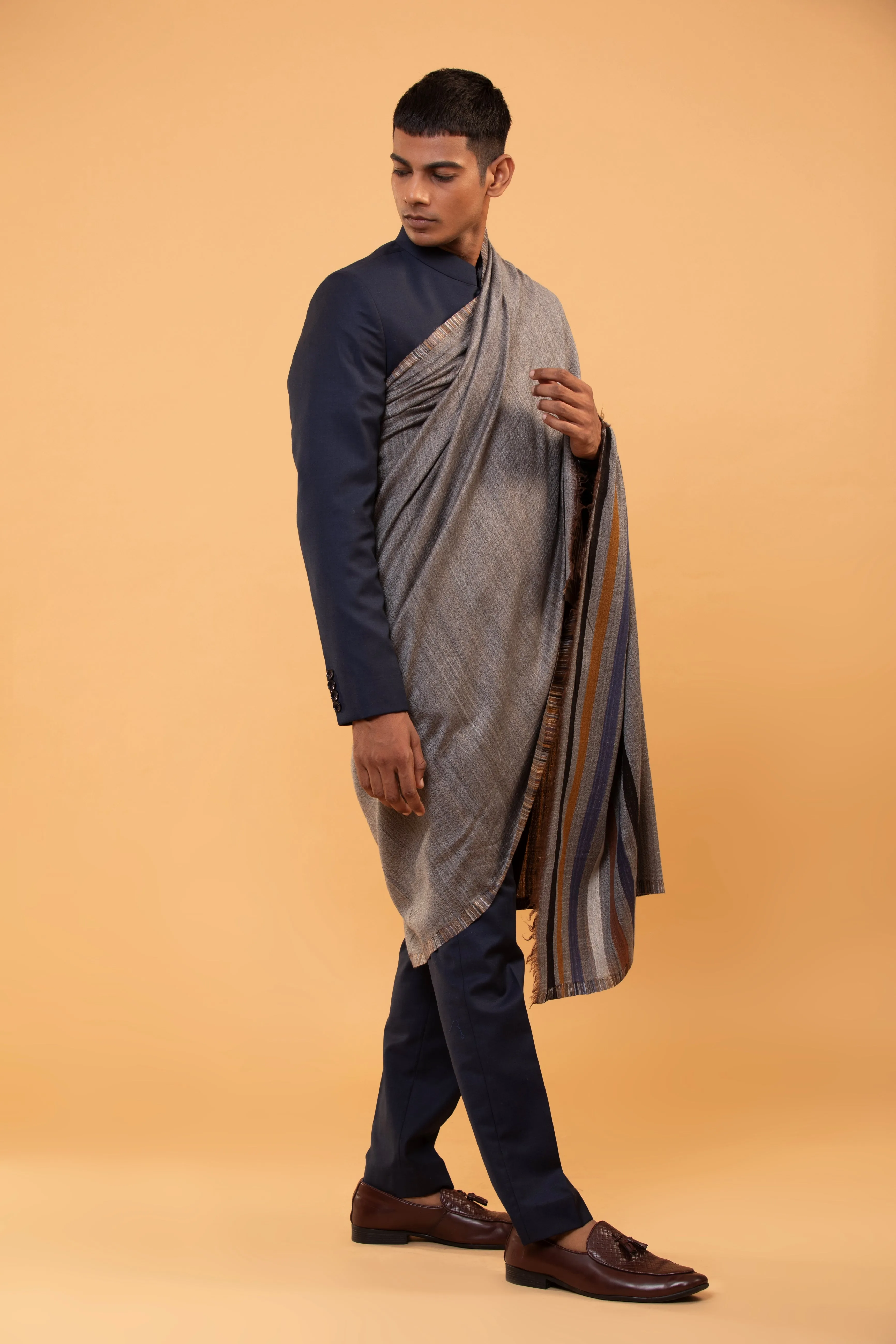Grey Wool Blend Shawl for Men with Striped Woven Design