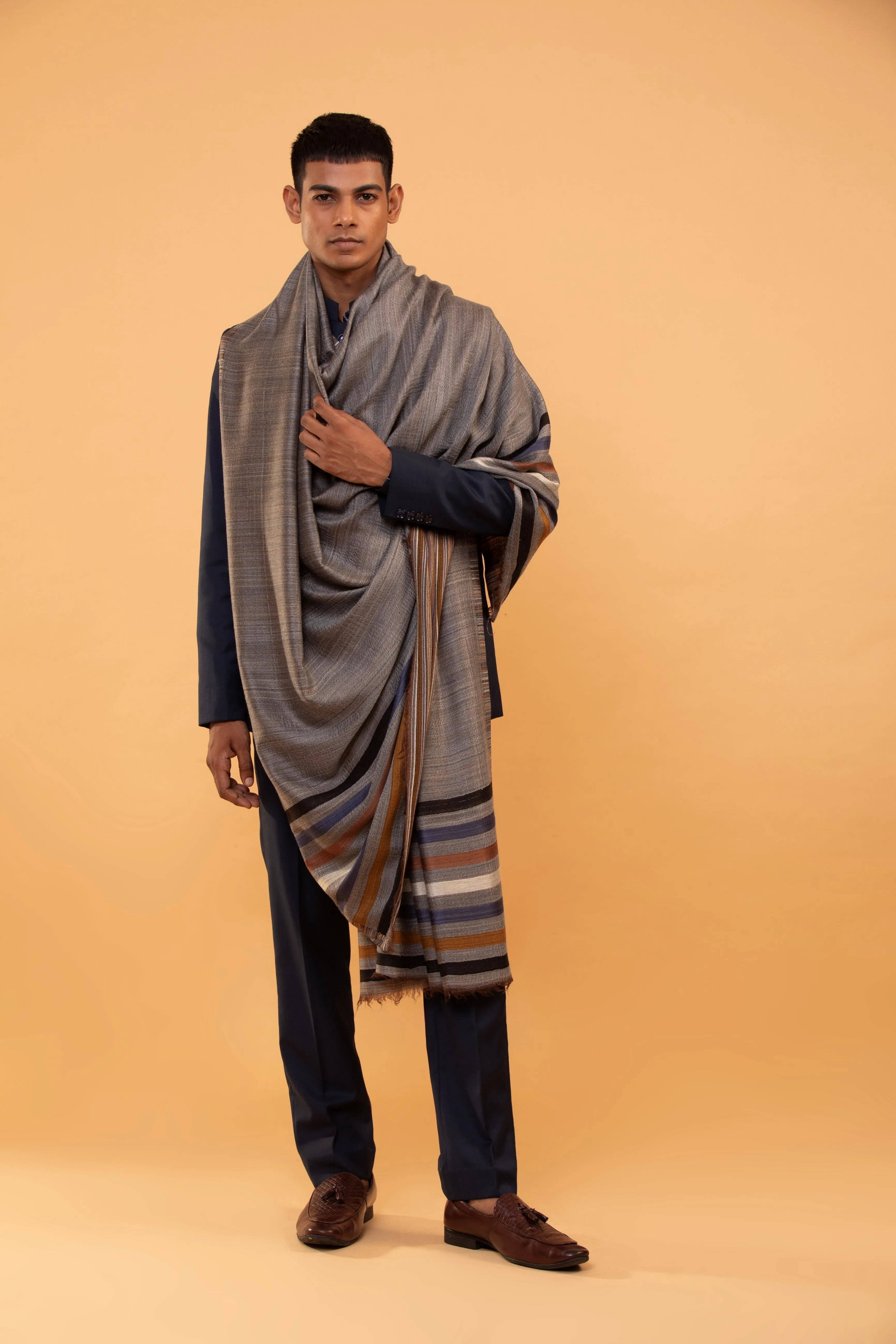 Grey Wool Blend Shawl for Men with Striped Woven Design