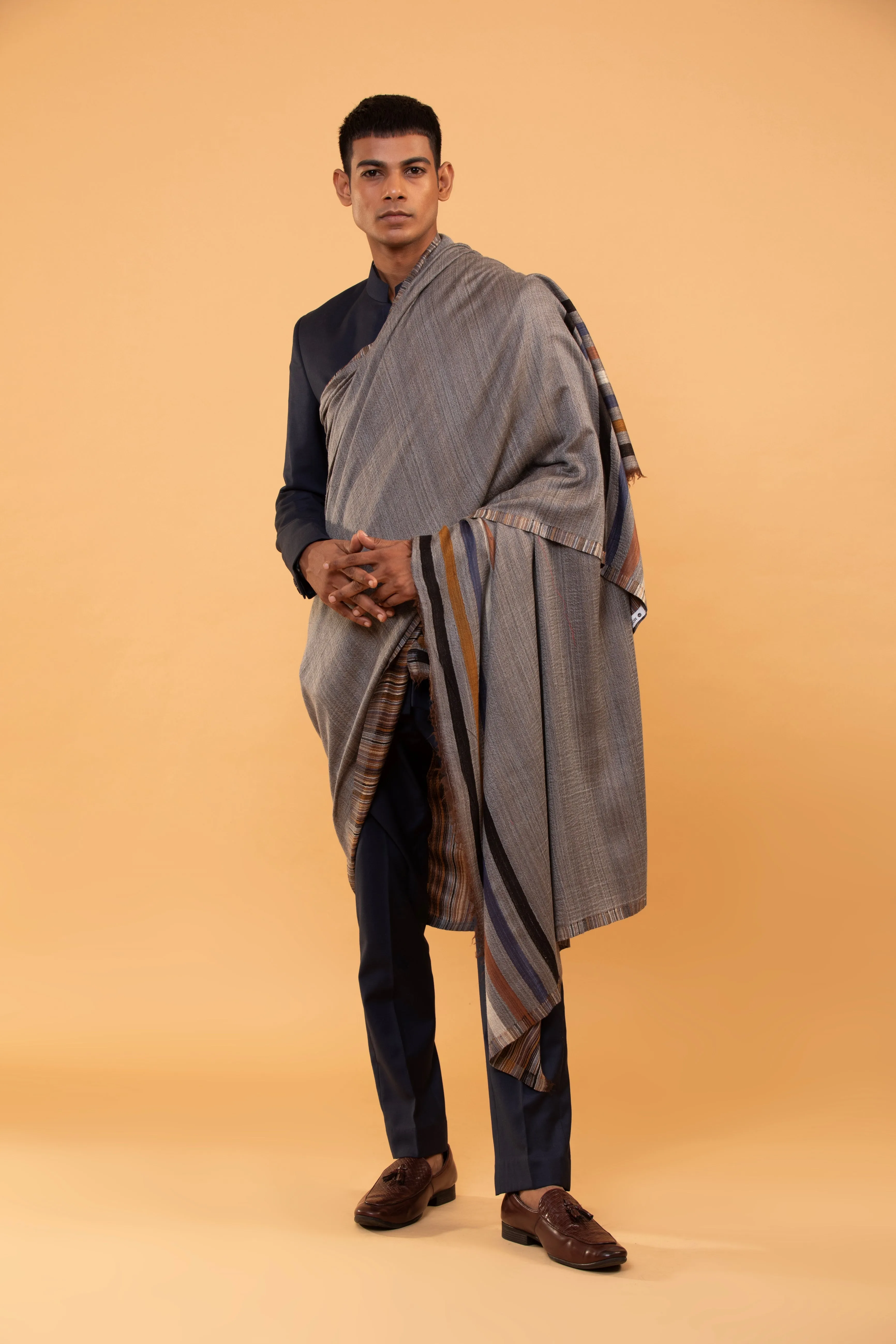 Grey Wool Blend Shawl for Men with Striped Woven Design