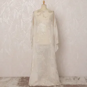 Ivory and Silver Floral French Silk (Fransawi) Chiffon Dirac Fabric with Metallic Lurex, 3.5 Meters, 140 cm Width-D20821