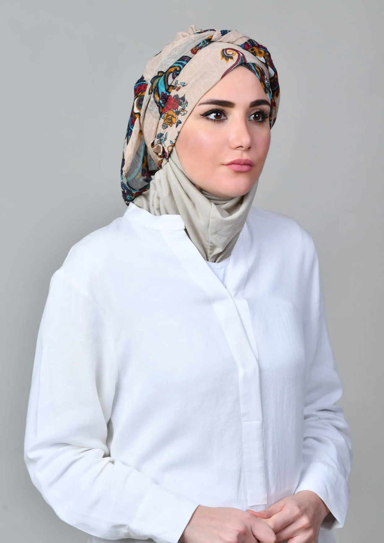 Kashmir Tan- Cap Shawl- Crinkled Chiffon