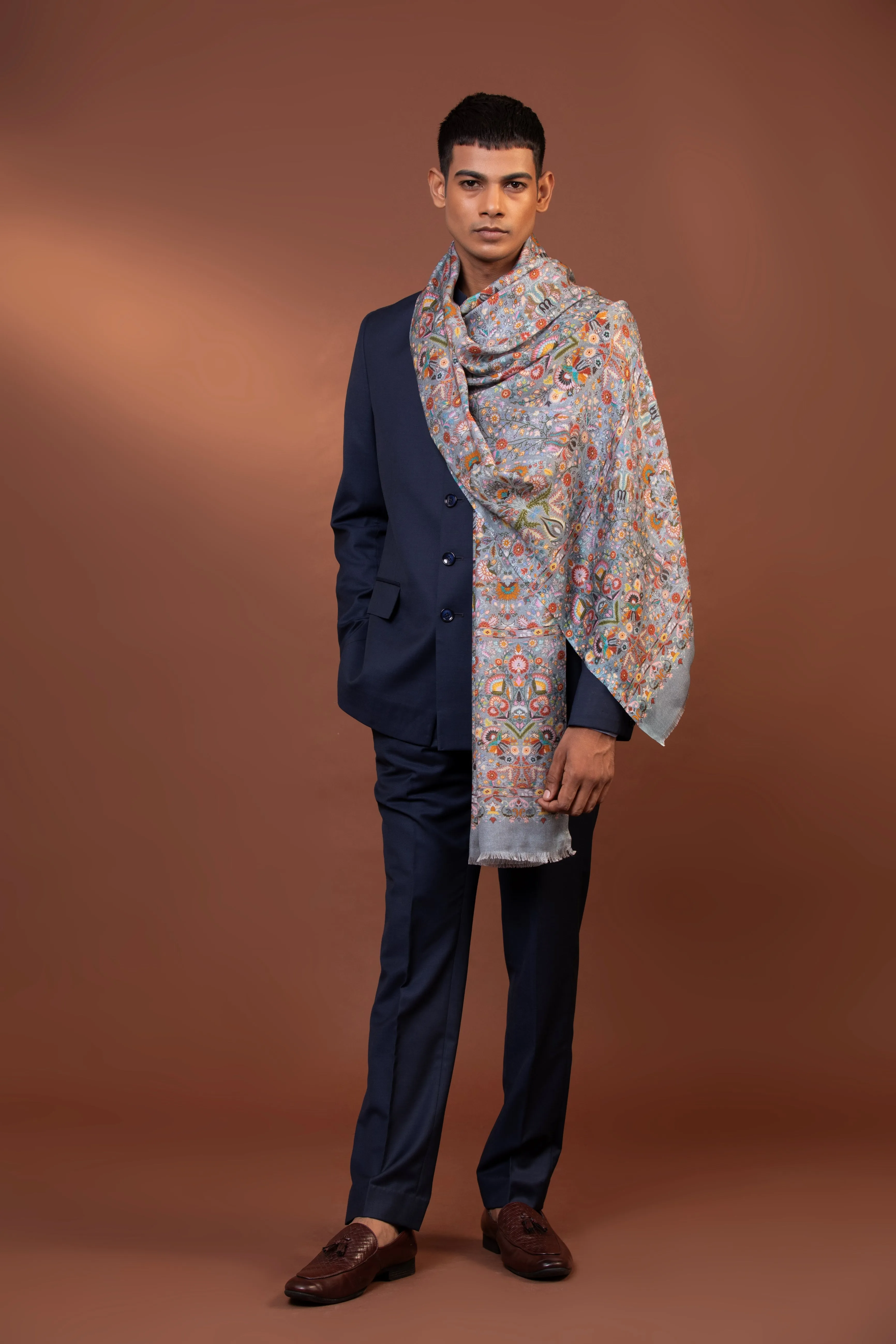 Kashmiri Pure Viscose  Shawl with Multicolor Floral Print