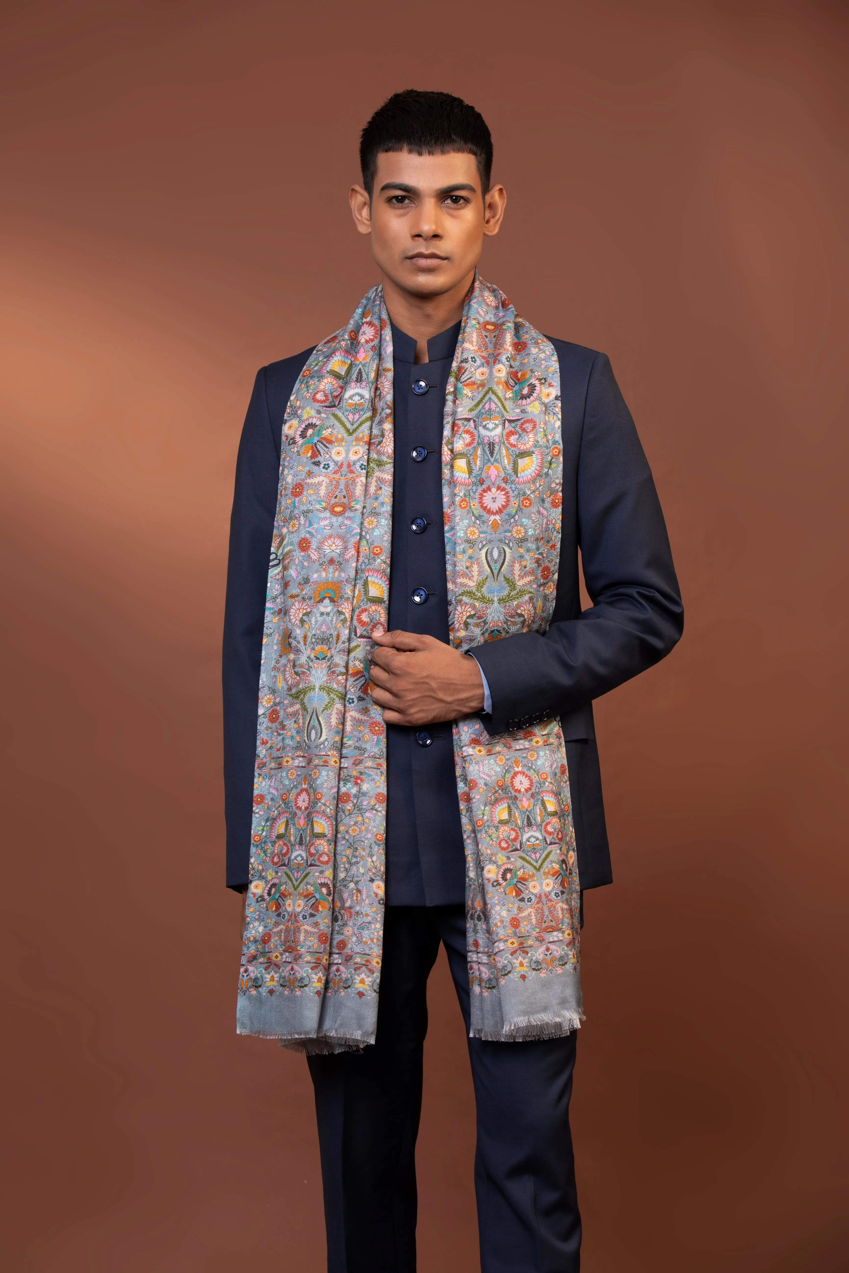 Kashmiri Pure Viscose  Shawl with Multicolor Floral Print
