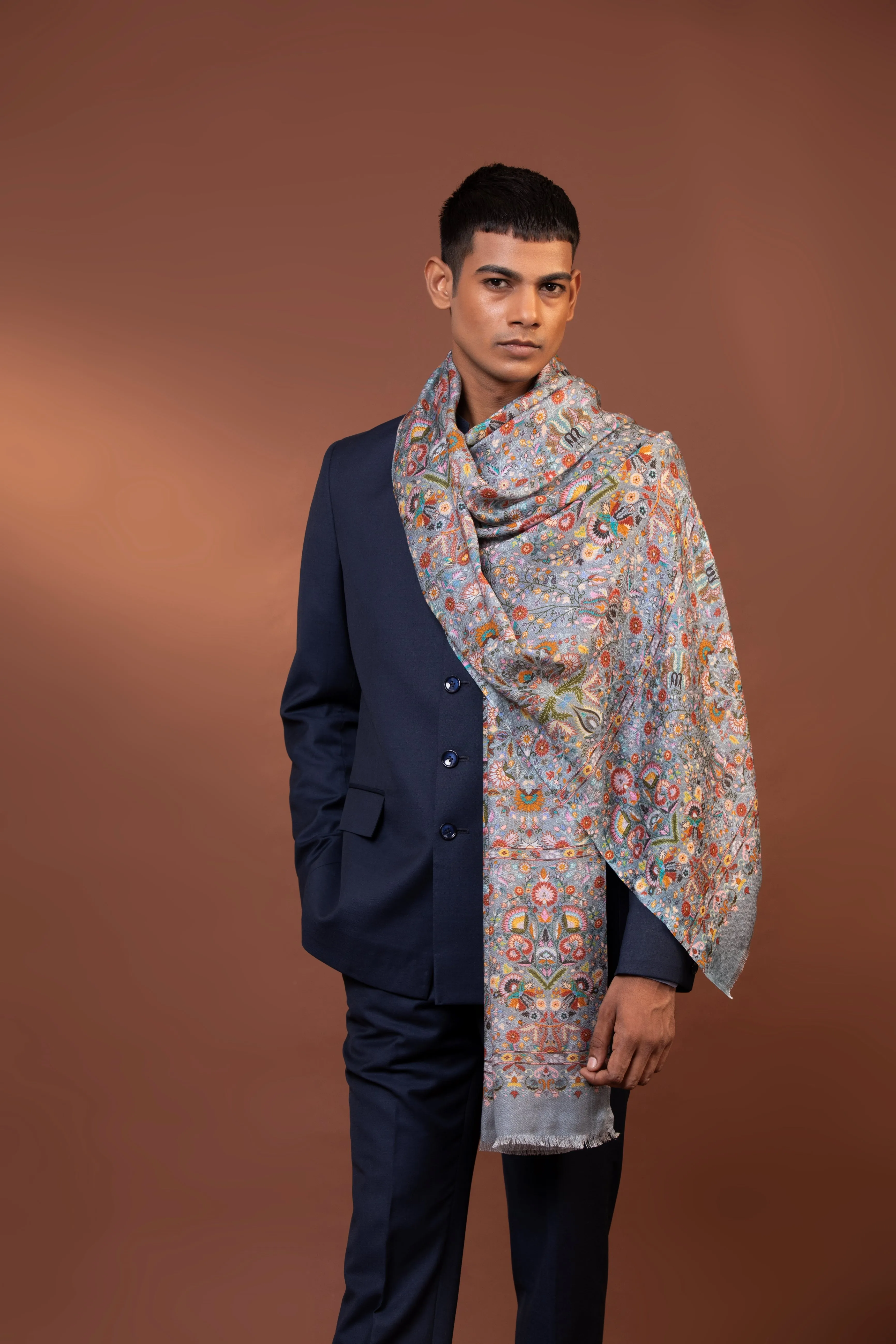 Kashmiri Pure Viscose  Shawl with Multicolor Floral Print