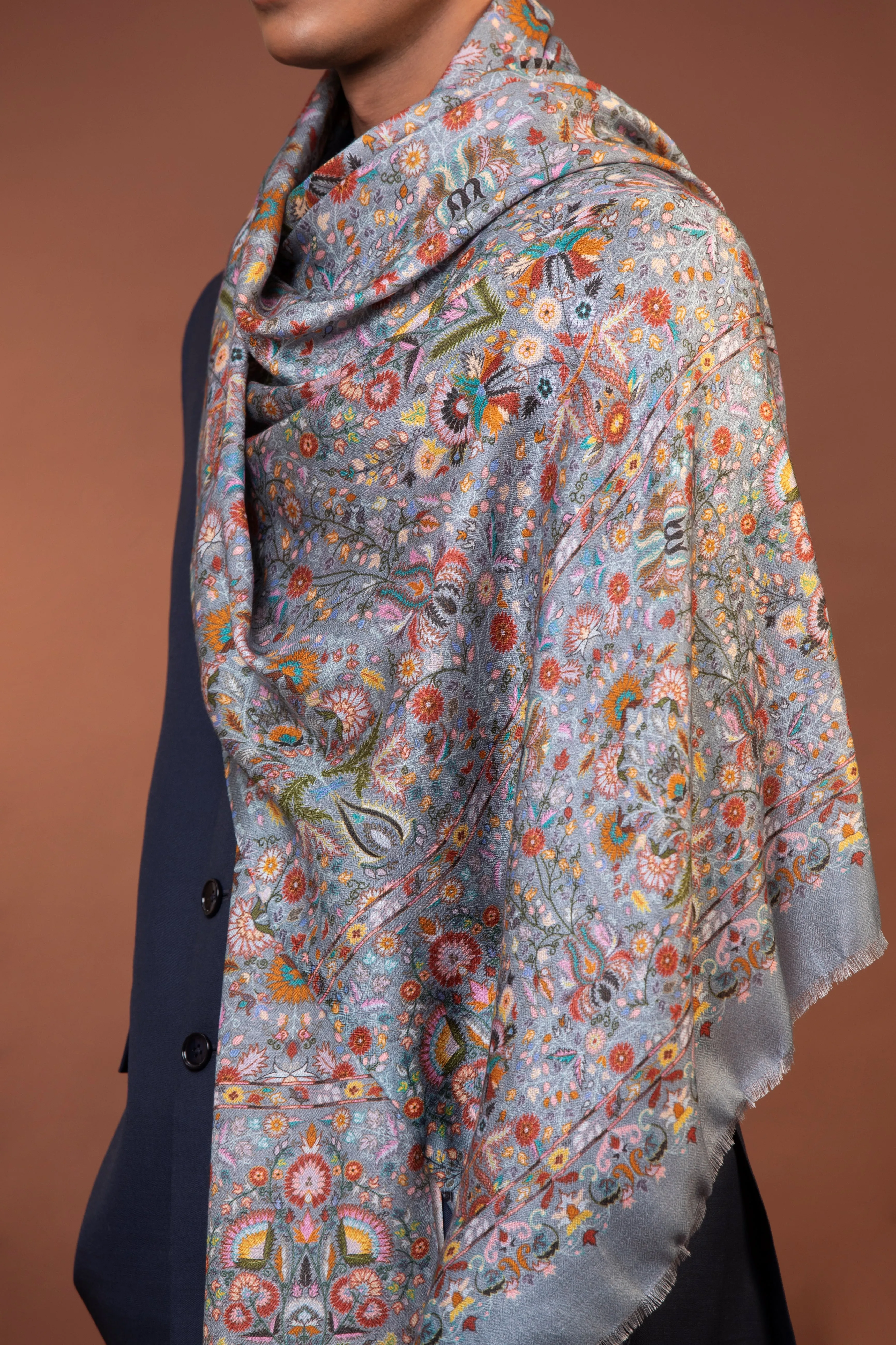 Kashmiri Pure Viscose  Shawl with Multicolor Floral Print