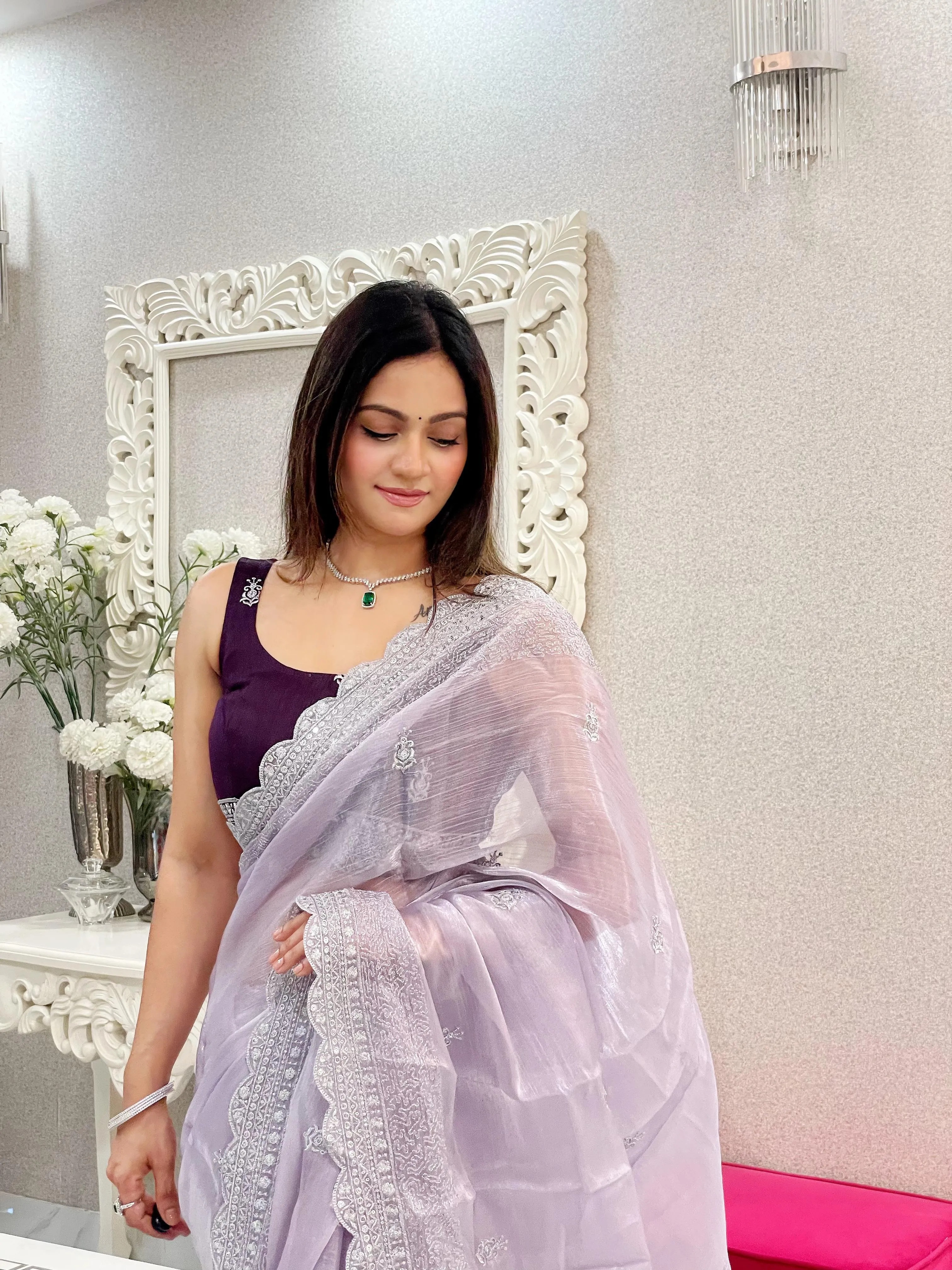 Lavendar Elegant Burburry Silk Saree with Sequins Work
