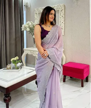 Lavendar Elegant Burburry Silk Saree with Sequins Work