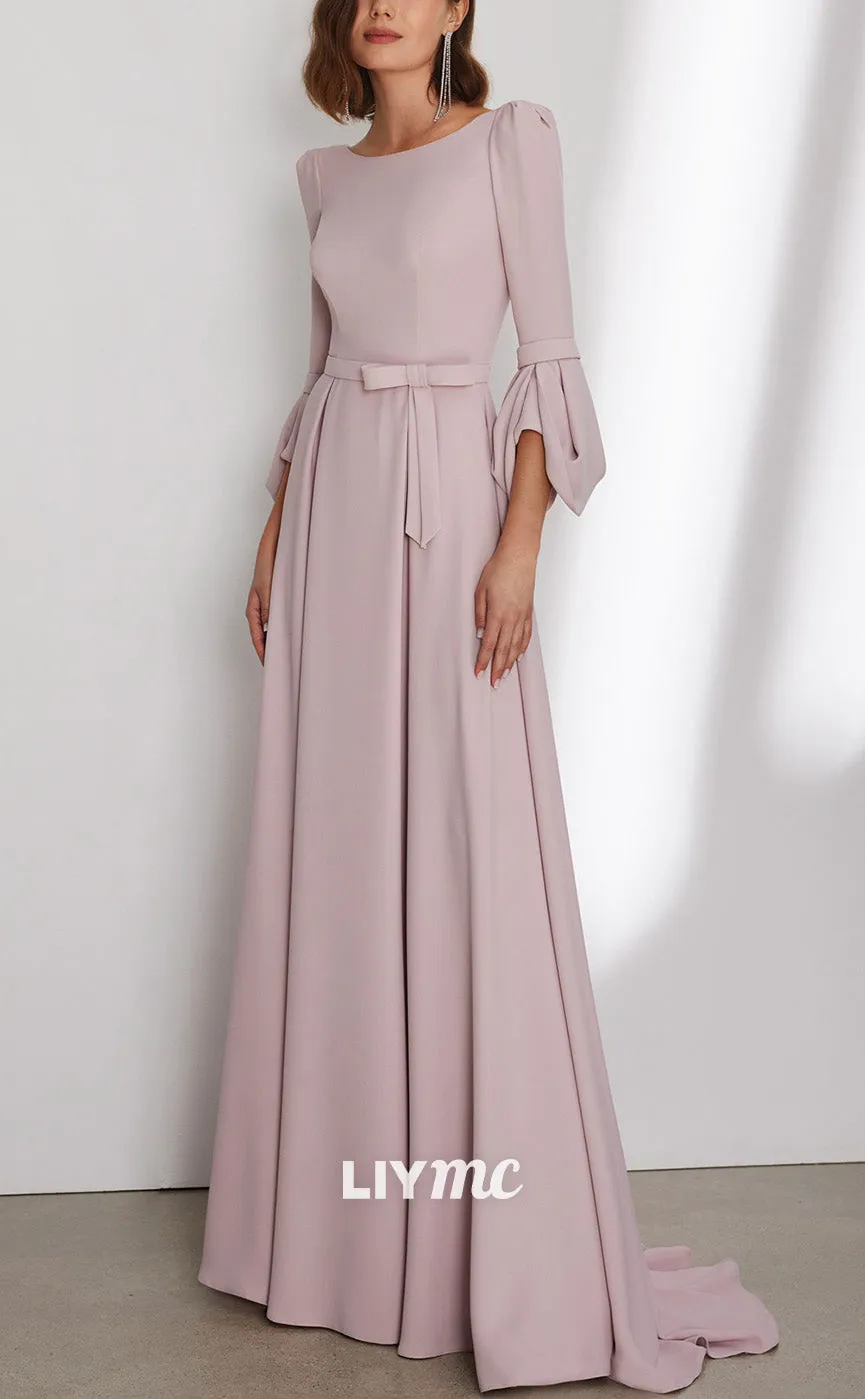M1268 - Scoop Long Sleeves Sleek Chiffon Pleated Mother of Bride Dress Cocktail Dress
